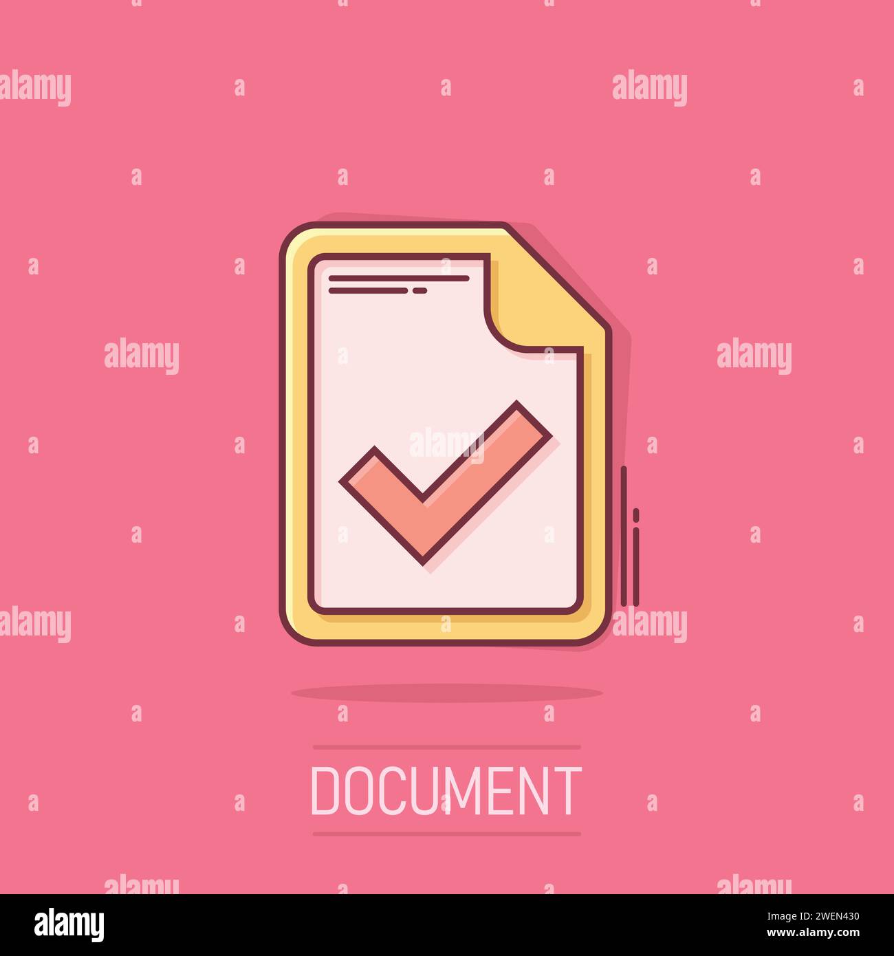 Icône de document accepté dans un style comique. Illustration vectorielle de dessin animé correcte sur fond isolé. Vérifiez le concept commercial de l'effet de destruction de message. Illustration de Vecteur