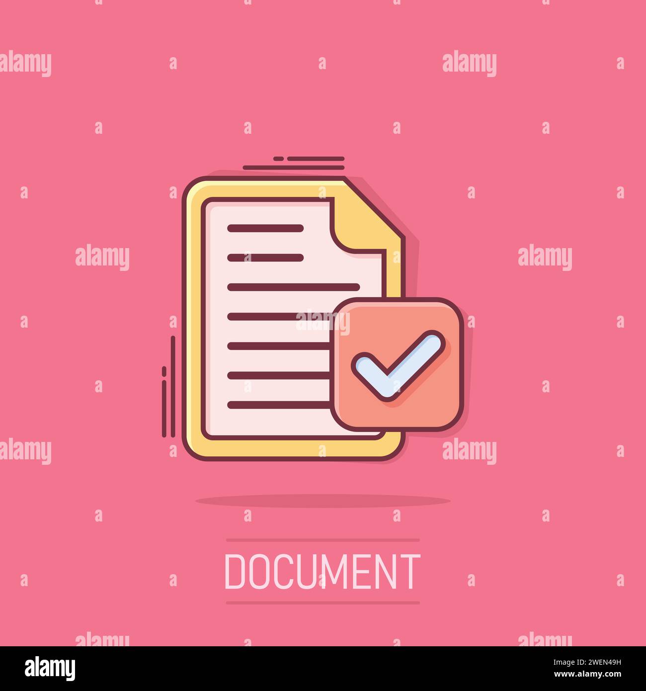 Icône de document accepté dans un style comique. Illustration vectorielle de dessin animé correcte sur fond isolé. Vérifiez le concept commercial de l'effet de destruction de message. Illustration de Vecteur