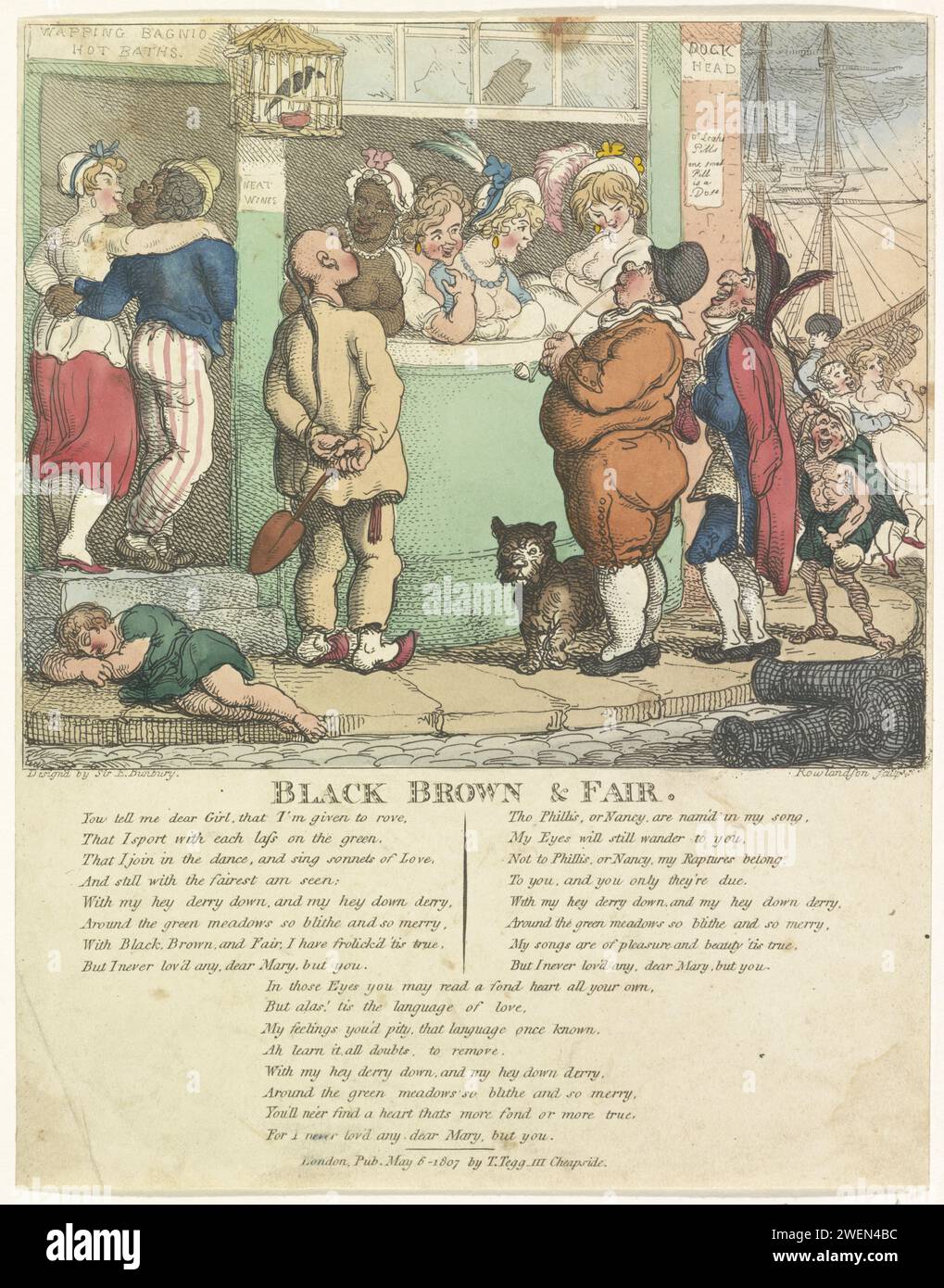 Borderscène, 1807, 1807 scène de bordures imprimées dans le port de Wapping à Londres, 1807. Quatre prostituées dans la vitrine vont chez les passants. Les femmes sont une femme noire, une femme aux cheveux blonds et une femme aux cheveux bruns. Un Chinois, un Néerlandais et un Français regardent la fenêtre. A gauche, un homme noir entre avec une femme. Dans la légende trois vers de huit lignes en anglais. Papier gravure bordel London Banque D'Images