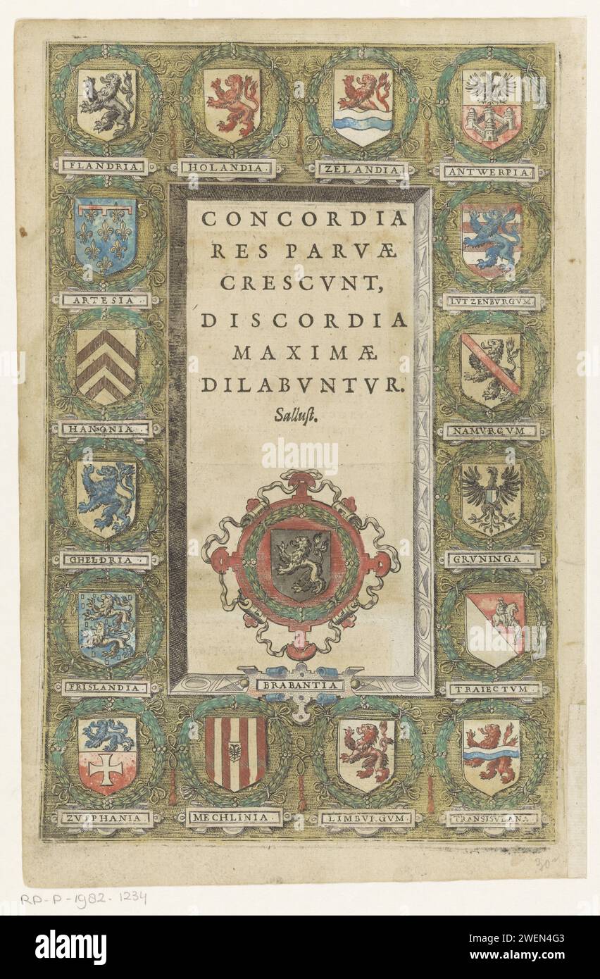 Armes des dix-sept provinces, 1582 impriment au milieu l'arme de la province du Brabant et un texte latin. Autour d'une frontière avec les armes des seize provinces restantes des pays-Bas des Habsbourg. gravure sur papier / impression typographique manteau des bras (comme symbole de l'état, etc.) Banque D'Images
