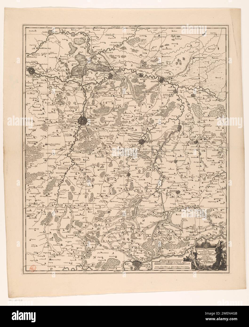 Carte du Kwartier van Leuven, partie du duché de Brabant, Anonyme, 1726 - 1750 imprimer carte du Kwartier van Leuven, l'un des quatre quartiers dans lesquels le duché de Brabant est divisé. A les armées et les fortifications de la guerre de succession d'Espagne sont indiquées sur la carte. En bas à droite un cartouche de titre avec l'arme de Leuven. A gauche du cartouche deux bâtons d'échelle : Duytsche Mylen 15 dans un os / 2 heures. La carte est équipée d'un réseau de coordonnées et d'une distribution des degrés le long des bords. cartes de gravure / gravure sur papier de pays ou de régions distincts. armoiries (as Banque D'Images