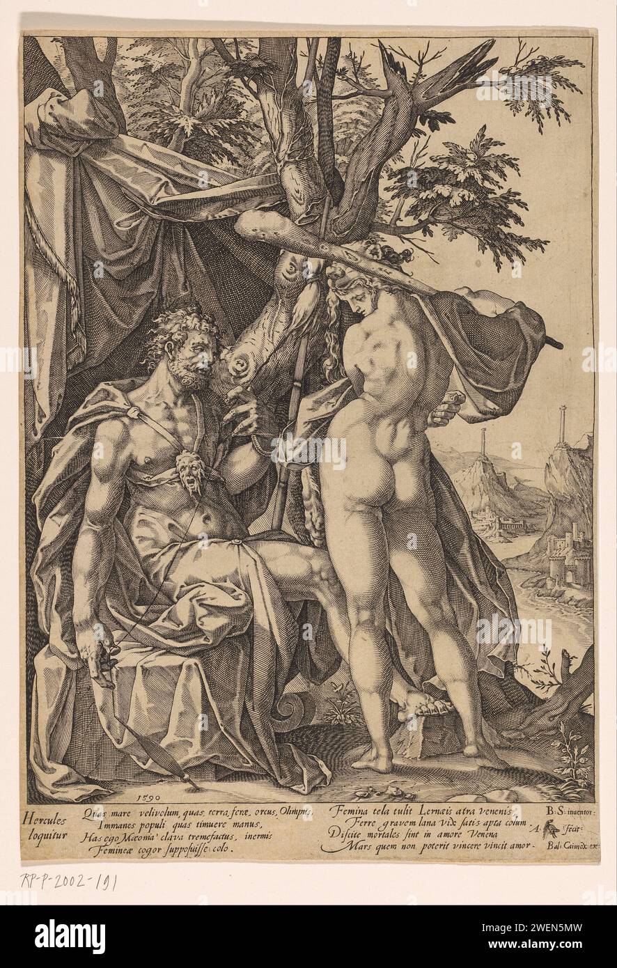 Hercule an omphole, Anton Ironhoit, AFT Bartholomeus Sprung, 1590 estampe avec légende en latin. Gravure sur papier Hercule amoureux d'Omphale ; le héros est prêt à filer la laine ou à faire le travail d'autres femmes parmi les serviteurs, tandis qu'Omphale porte la peau de son lion et brandit son club et son arc. paysages Banque D'Images