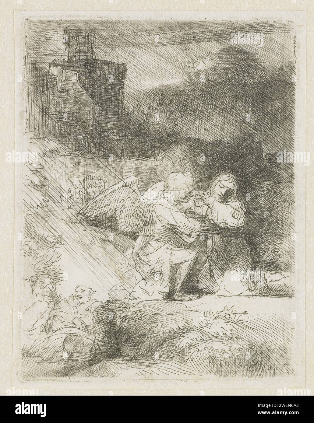L'agonie dans le jardin, Rembrandt van Rijn, c. 1652 gravure sur papier / Drypoint Gethsémani, Mont des oliviers, 'Oelberg' (Matthieu 26:36-56, Marc 14:32-53, Luc 22:39-52; Jean 18:1-12) Banque D'Images