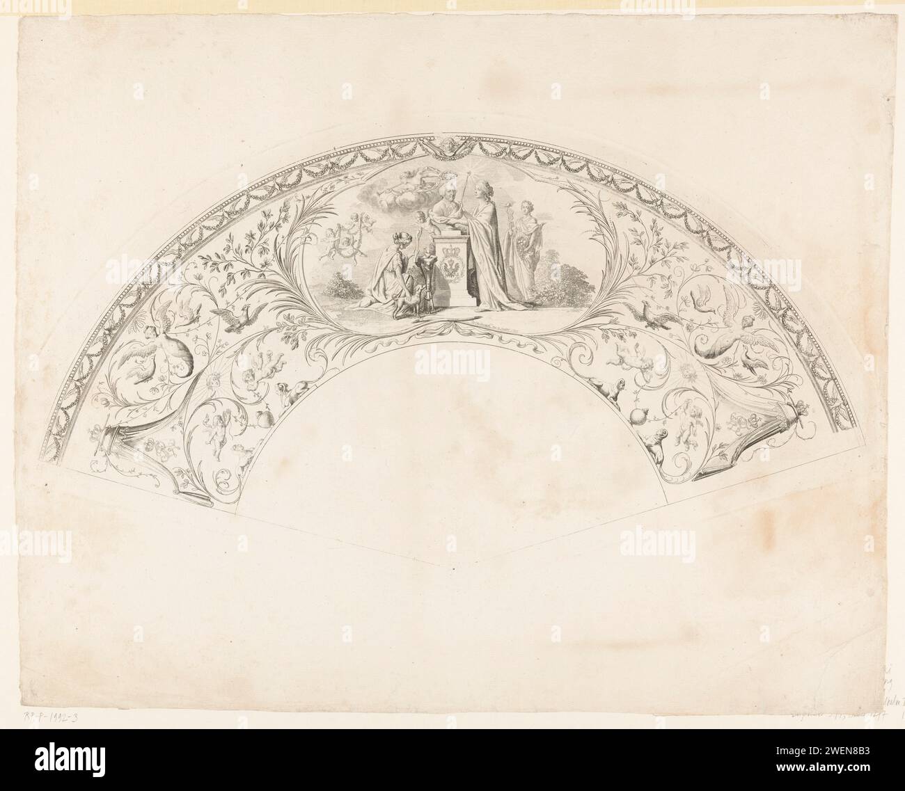 Allégorie sur l'inauguration de Frederik Willem II, roi de Prusse, à Königsberg, Daniel Nikolaus Chodowiecki, 1787 papier d'imprimerie gravure coffre, buste. Fama ; 'Fama', 'Fama buona', 'Fama chiara' (Ripa) (+ concept abstrait représenté par la figure féminine). couronnant le vainqueur de laurier. 'Cornucopia', Corne de l'abondance. Caduceus (bâton avec deux serpents, attribut de Mercure). symbolisme du coeur. Chien (avec LE NOM du genre). garland, couronne. cupidons : 'amores', 'amoretti', 'putti'. lyre, cithara, psaltery. armes d'archer : flèche. sphinx (lion/femme) ; 'Sfinge' (Ripa) - AA - figure humaine féminine. Sirènes (classique Banque D'Images