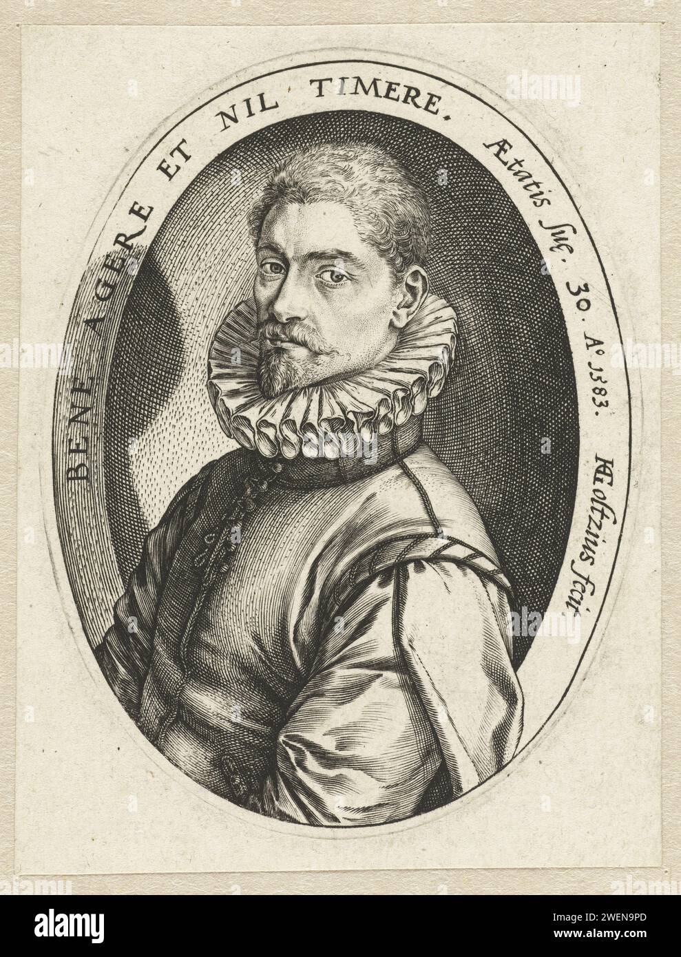 Portrait de Hieronymus Scholiers (?), 1583 tirage Portrait d'un homme à l'âge de 30 ans, imprimé sur satin. Pas tout à fait clair qui est représenté ici ; Une pression porte le nom de «Hieronymus Scoliers Antverpianus», mais une lettre (maintenant en possession de la Fondation Custodia à Paris) indique qu'il est représenté ici «Simon Sovius, né en 1533 ; recteur de l'école du latin à Amsterdam». Inscription Rand en latin autour de l'ovale. gravure sur papier de personnages historiques Banque D'Images