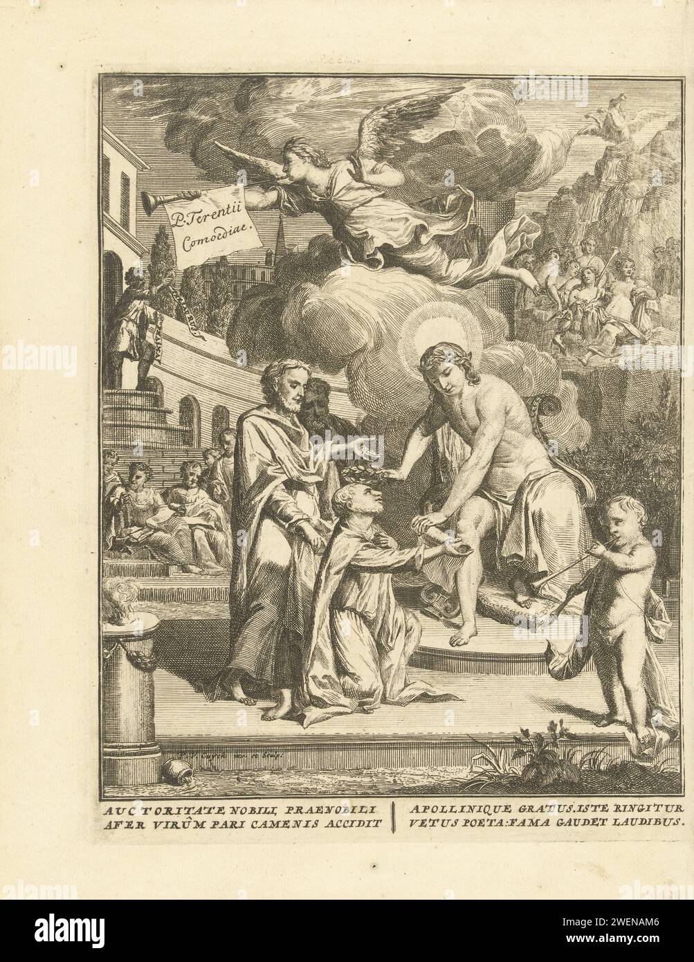 Allégorie avec Apollon que l'écrivain Publius Terentius Aert, Pieter van Cuyck (I), 1726 imprimer allégorie avec Apollon que l'écrivain latin Publius Terentius Afer honore. L'écrivain reçoit un writrol et une couronne de Laurier du dieu tandis qu'un ange souffle sur une trompette et regarde les érudits en arrière-plan et les muses sur le mont Parnasse. Dans la marge inscription latine en quatre lignes. Papier gravure Apollo et les Muses, Apollo Musagetes Banque D'Images