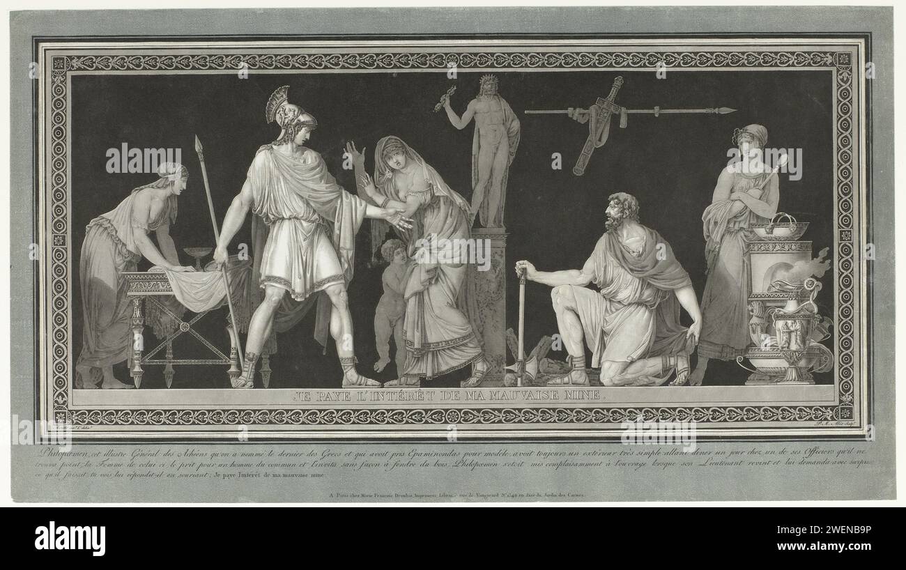 L'officier s'excuse auprès de Philopoemen, impression 1795 à droite, Philopoemen s'agenouille, coupe du bois. Sur la gauche se trouve l'officier qui l'avait invité pour le repas et s'était excusé. Entre eux dans la femme choquée de l'officier qui n'avait pas reconnu l'invité, et, en raison de son apparence simple, lui avait demandé de couper du bois. Les deux femmes les plus à gauche et à droite préparent le repas. Sous l'image le titre, et dans le cadre bleu en français l'explication de la performance. Gravure sur papier / gravure (histoire de) Philopoemen Banque D'Images