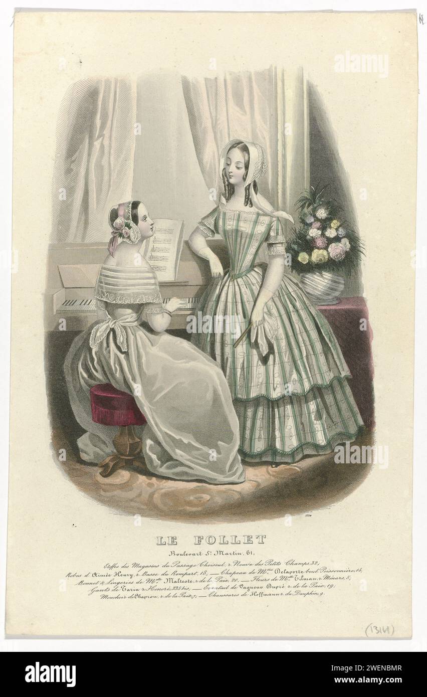 Le Follet, 1846, n° 1314 : magasins et bureaux (...), 1846 deux femmes avec un piano. Sous la performance quelques lignes de texte publicitaire pour différents produits. Tirage du magazine de mode le Follet courrier des Salons (novembre 1829-Otobre 1882). plaques de mode gravées en papier. robe, robe (+ vêtements pour femmes). casque : casquette (+ vêtements pour femmes). casque : chapeau (+ vêtements pour femmes). pianoforte (+ artiste au travail). Gants, mitaines (GANTS COURTS) (+ vêtements pour femmes). mouchoir (+ vêtements pour femmes). fan (+ vêtements pour femmes). fleurs dans un vase. notation de la musique Banque D'Images