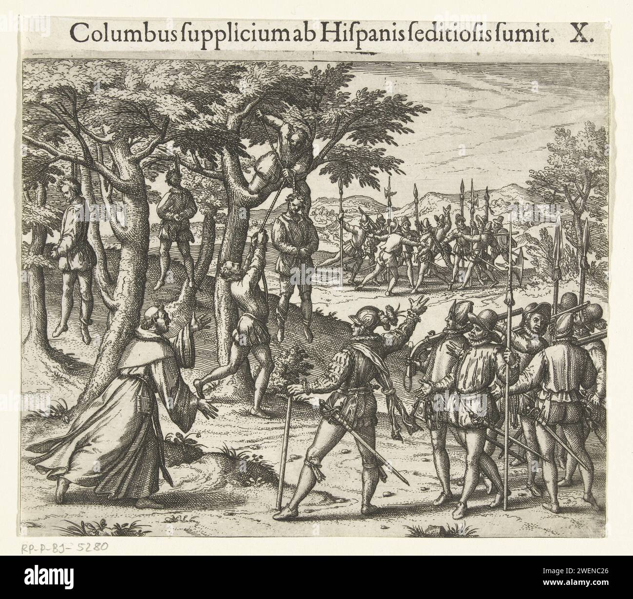 Colomb laisse pendre des soldats, Theodor de Bry, d'après Johann Theodor de Bry, 1594 print Christoffel Colomb laisse pendre un certain nombre de soldats mutins. Un moine court vers Colomb pour l'arrêter. En arrière-plan, vous pouvez voir plus de soldats en émeute qui sont restreints des autres. gravure sur papier / impression typographique mort violente par pendaison. Mutinerie, rébellion  discipline militaire Amérique du Nord et Centrale Banque D'Images