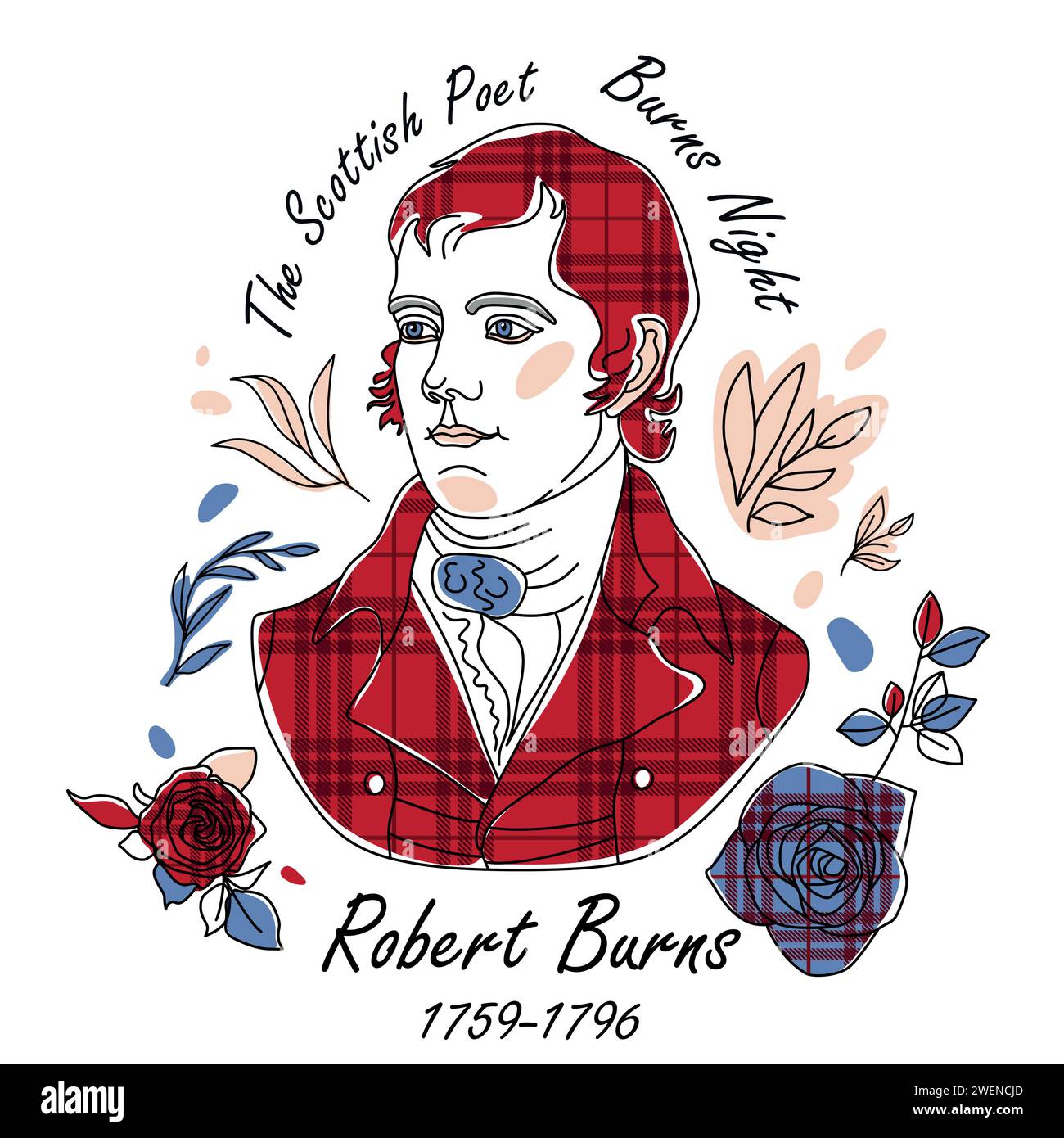 Elément de ligne d'icône de nuit Robert Burns. Illustration vectorielle de Robbie Burns ligne d'icône isolée sur fond blanc propre avec des roses Illustration de Vecteur