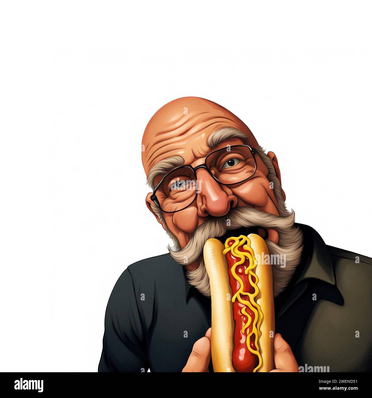 Homme mangeant un hot-dog, drôle de dessin animé. Espace de copie. Fourrant un hot dog chargé dans sa bouche. Banque D'Images