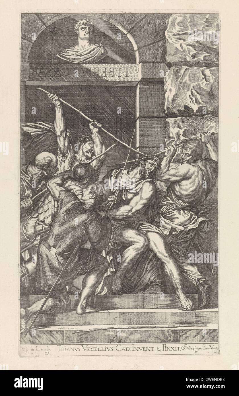 Doornenkring van Christus, Valentin Lefèbvre, d'après le Titien, 1682 soldats graveurs ont placé une couronne d'épines sur la tête du Christ et l'ont imprimée avec des bâtons sur la tête. À gauche, un homme Christ remet un bâton. L'estampe fait partie d'une série de 53 estampes de peintures de Titien et Véronèse. Papier mordant le couronnement avec des épines : les soldats avec des bâtons placent une couronne épineuse sur la tête du Christ et lui donnent un roseau (Matthieu 27:27-31, Marc 15:16-20, Jean 19:2-3) Banque D'Images