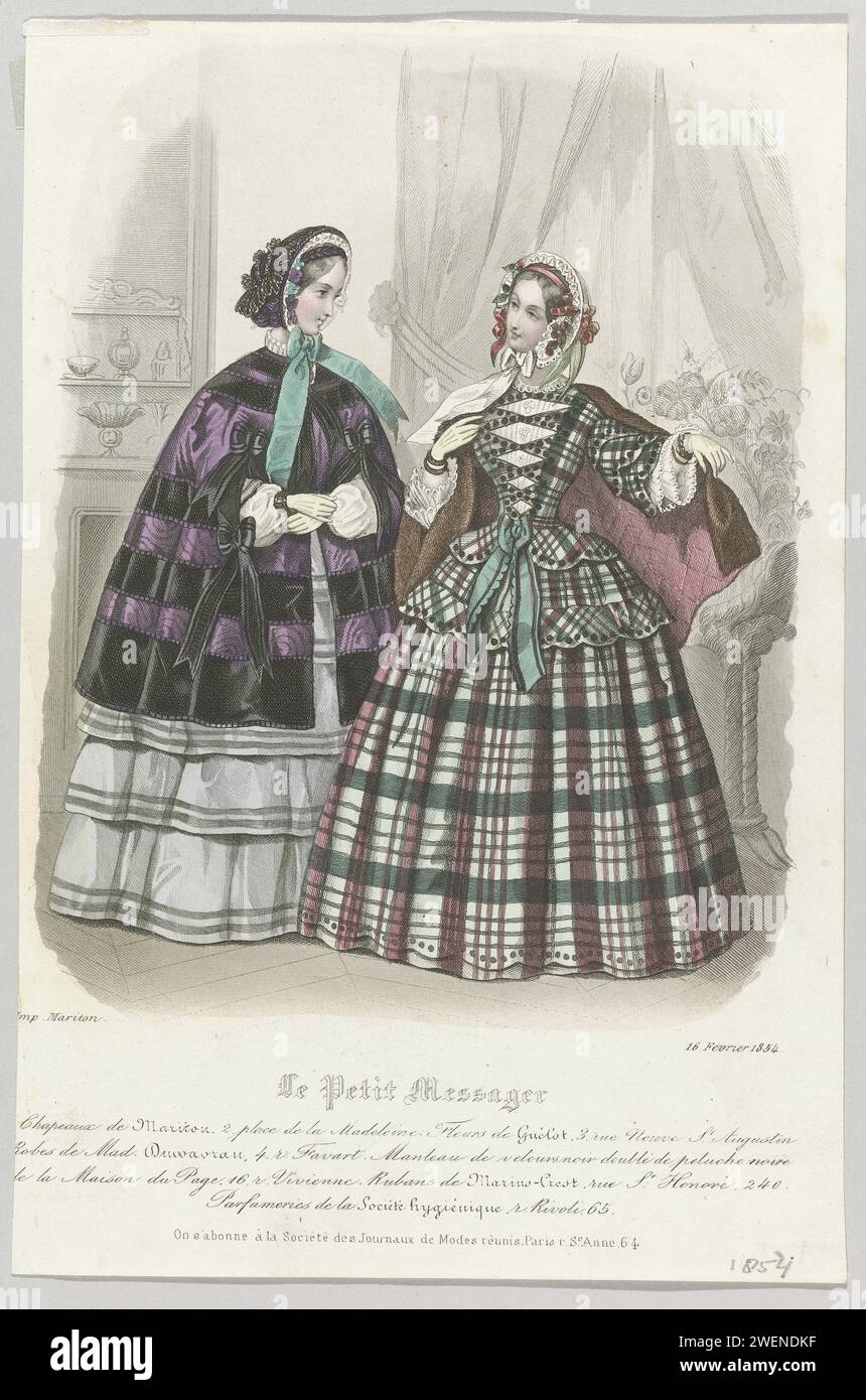 Le petit Messenger, 16 février 1854 : chapeaux de Maritou (...), 1854 deux femmes dans un intérieur. Selon la légende : les chapeaux de Mariton. Robes Duwavran. Manteau de velours noir doublé de 'Peluche' noir de 'Maison du page'. Ci-dessous quelques lignes de texte publicitaire pour différents produits. Tirage du magazine de mode le petit Messager (1842-1889). plaques de mode gravées sur papier acier. casque : chapeau (+ vêtements pour femmes). manteau (+ vêtements pour femmes). cape (+ vêtements pour femmes). gants, mitaines, etc (+ vêtements pour femmes). bracelet, bracelet (+ vêtements pour femmes). bordure, ruban, tresse (+ habit féminin Banque D'Images