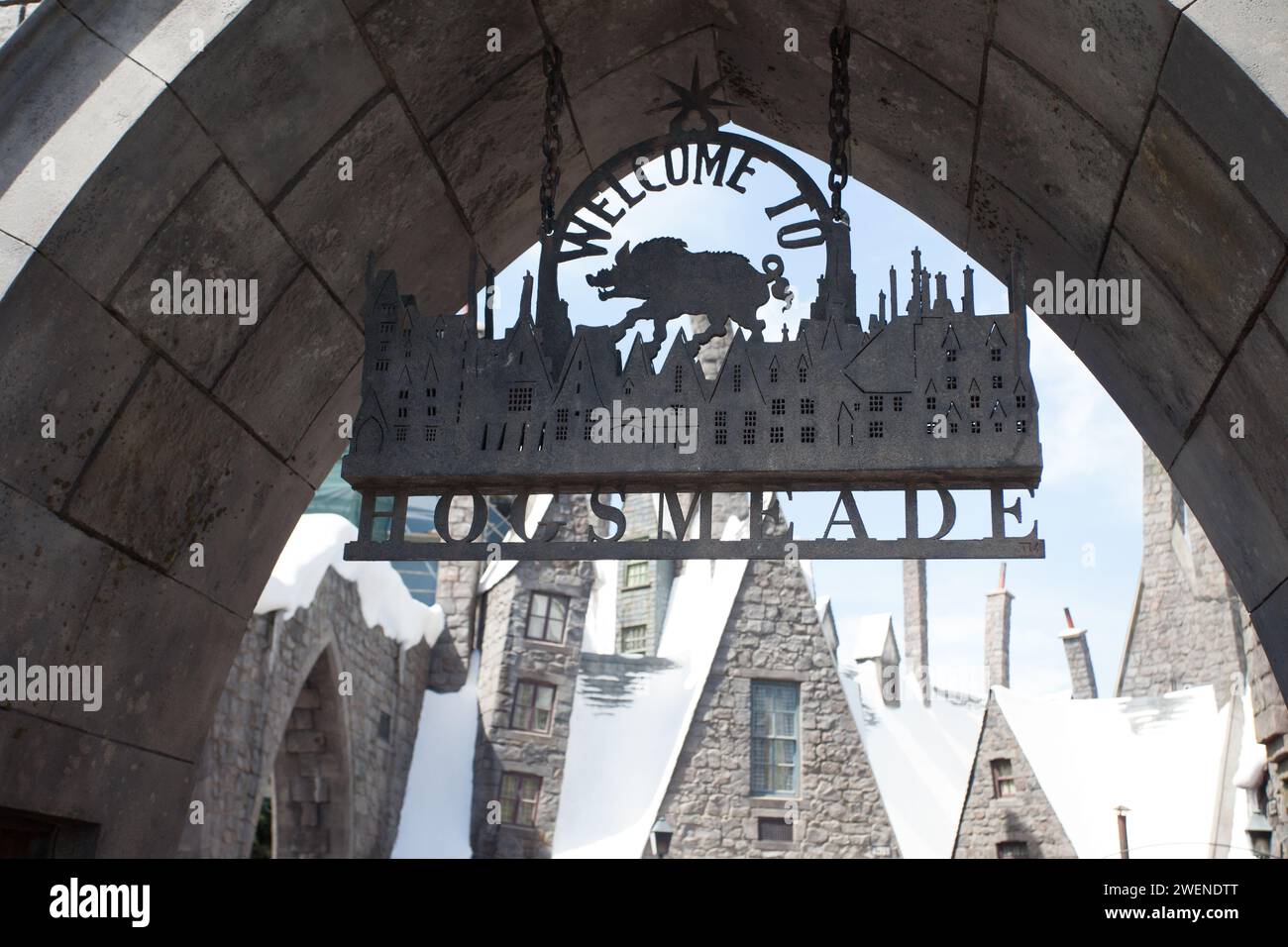 L'entrée à « The Wizarding World of Harry Potter » dans le parc Disney Them Banque D'Images