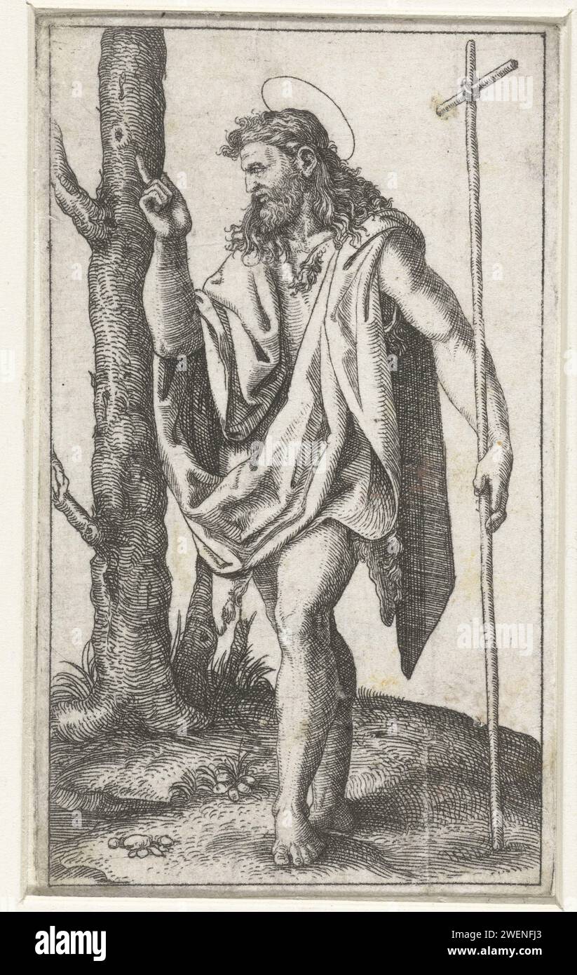 Johannes le Baptiste avec le bâton de Croix, Marcantonio Raimondi, 1500 - 1517 imprimer gravure sur papier Jean le Baptiste ; attributs possibles : livre, croix de roseau, coupe baptismale, nid d'abeille, agneau, personnel Banque D'Images