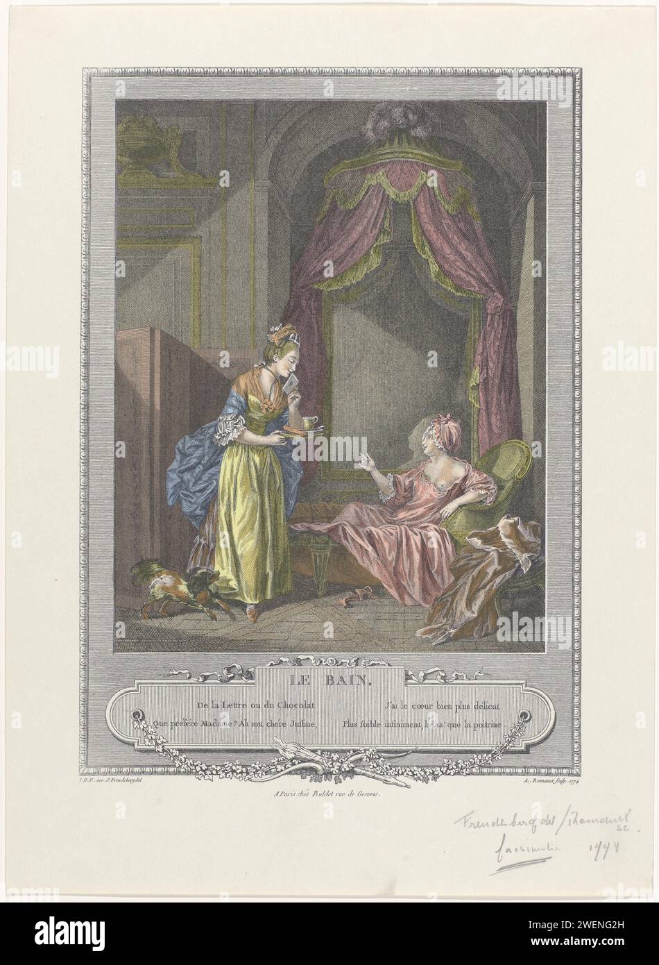 Le bain, 1774 print la servante apporte une lettre et une tasse de chocolat à sa maîtresse dans la salle de bain. Elle porte une robe rayée qui a été tenue derrière. Un tablier a été épelé sur le corps et la jupe. Un fichu autour du cou et des épaules. Accessoires : chapeau, cordon autour du cou, chaussures avec boucles. La femme dans le bain est vêtue d'un large tapis, d'un chapeau sur la tête. À côté du bain avec des talons. L'estampe est une reproduction fidèle ou un fac-similé du numéro 2 de la Suite d'estampes pour servis à l'Histoire des Moeurs et du Costume Français danse le 18e sicle, signé par Sigismond Banque D'Images