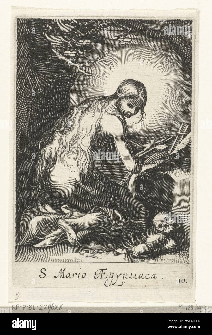 Sainte Marie d'Egypte comme ermite, anonyme, d'après Boëtius Adamsz. Bolswert, d'après Abraham Bloemaert, 1590 - 1662 papier gravé la pénitente Harlot Marie d'Egypte (Maria aegyptiaca) ; attributs possibles : cheveux longs, trois pains Banque D'Images