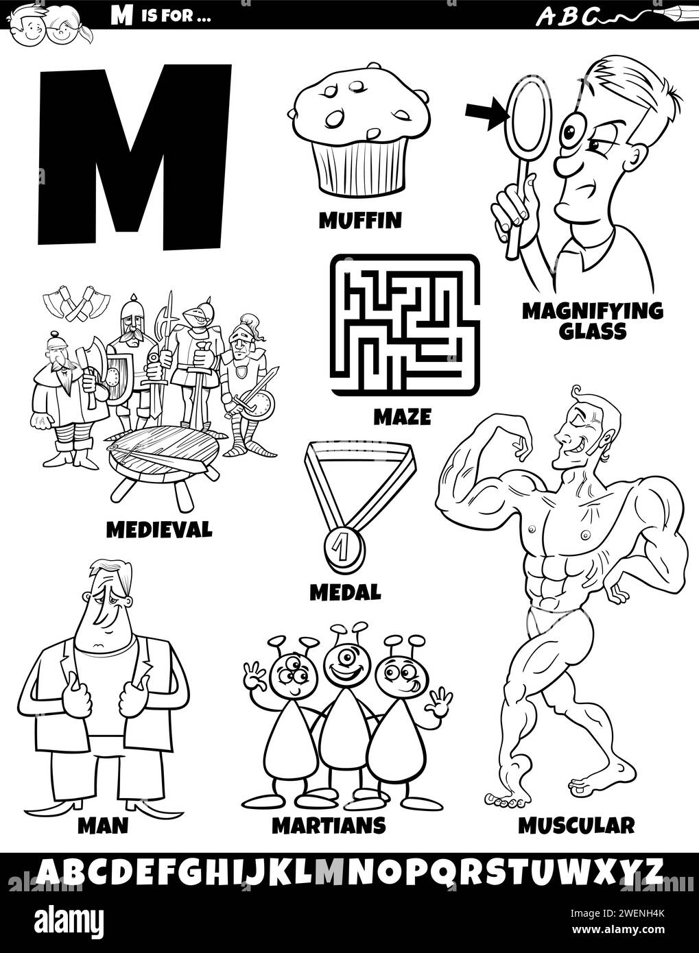 Illustration de dessin animé d'objets et de caractères définis pour la lettre M coloriage page Illustration de Vecteur