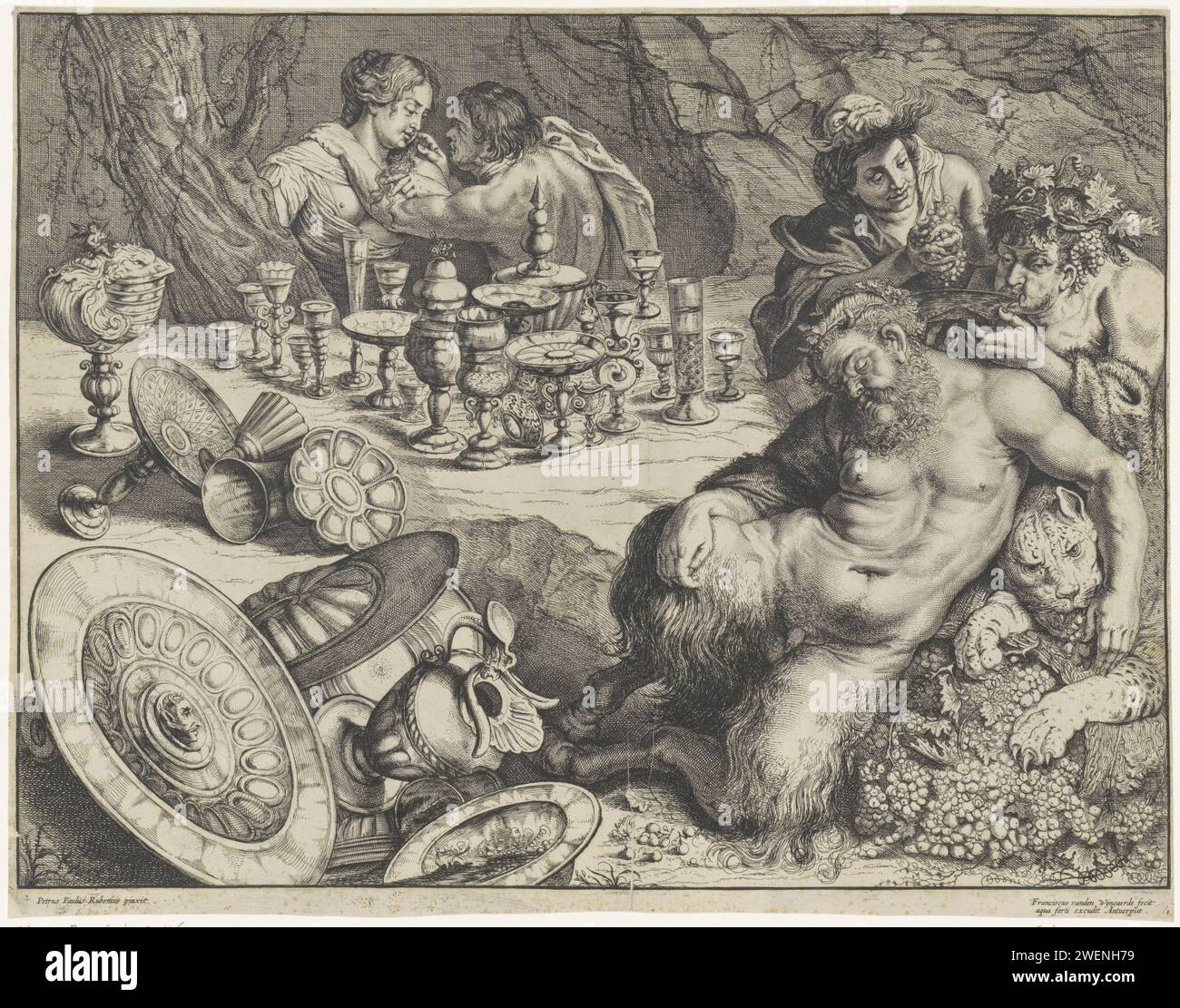 Bacchanal Bacchus en silenus, Frans van den Wijngaerde, d'après Peter Paul Rubens, 1636 - 1679 print l'argenterie Allelei remplie de boisson est répandue dans une grotte. Bacchus dort au premier plan et a mis son bras autour d'un léopard. Derrière lui, Silenus boit dans un bol. En arrière-plan un couple d'amour en câlin. Gravure sur papier / gravure le Bacchus ivre. (Histoire de) Silenus. bêtes de proie, animaux prédateurs : léopard. tasse nautilus. récipients à boire. couple d'amoureux Banque D'Images