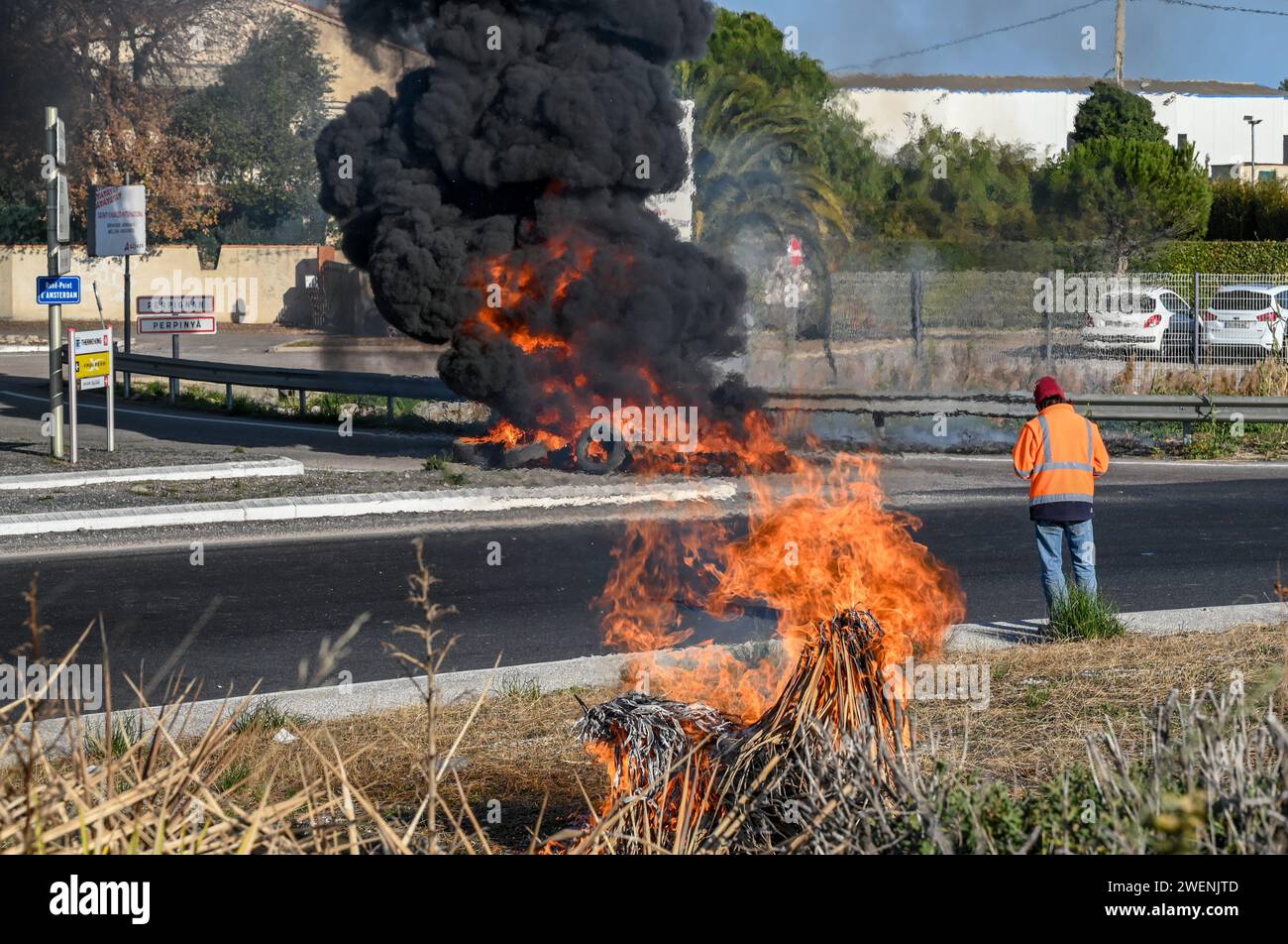 Perpignan, France. 26 janvier 2024. © PHOTOPQR/l'INDEPENDANT/MICHEL CLEMENTZ ; PERPIGNAN ; 26/01/2024 ; SOCIAL/MANIFESTATION DES AGRICULTEURS en COLERE/BLOC TOTAL DE LA ZONE DU MARCHÉ INTERNATIONAL SAINT-CHARLES/- French Farmers' Protest continue France Jan 26, 2024 Credit : MAXPPP/Alamy Live News Banque D'Images