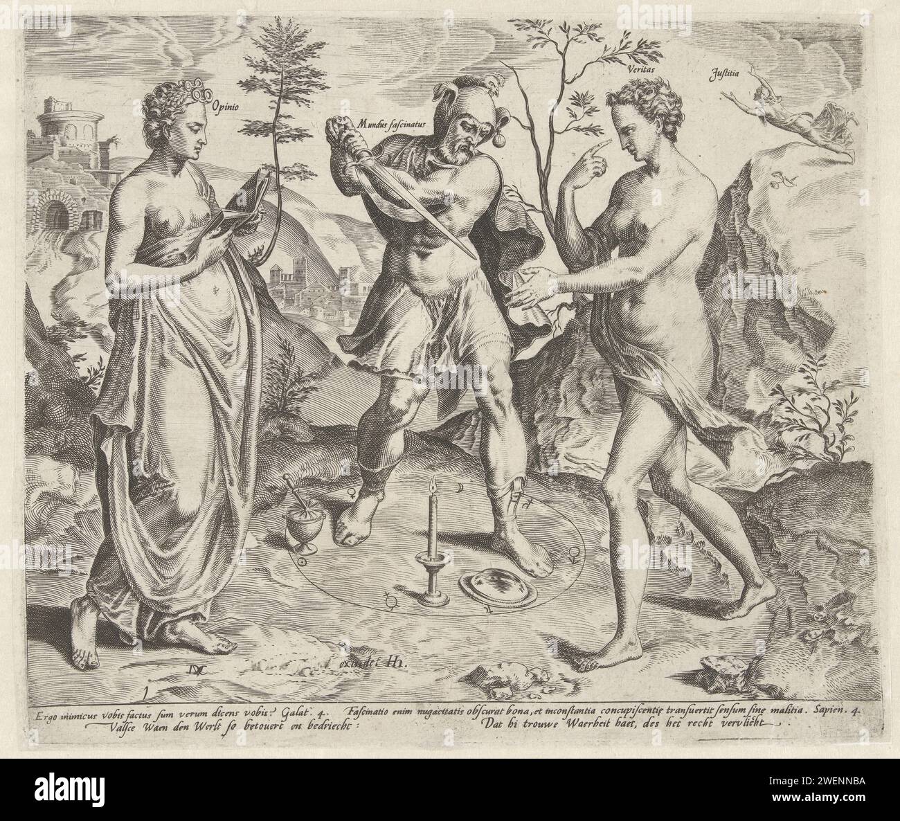 Une mauvaise conviction aliène le monde de la vérité, Dirck Volckertsz. Coornhert, d'après Hendrick Goltzius, 1575 - 1581 imprimer Un homme avec un fou est la personnification du monde insensé (Mundus Fascinatus). Il est enchanté par une fausse conviction (opinio), une femme avec deux lunettes sur le front. Elle lit dans un livre des formules magiques. Un cercle magique a été dessiné autour du monde insensé avec les symboles des sept planètes, ainsi qu'une brosse à eau bénite, un miroir convexe et une bougie allumée. La vérité de personnification (Veritas) essaie d'aider le monde insensé, mais est attaqué avec une épée par le f enchanté Banque D'Images