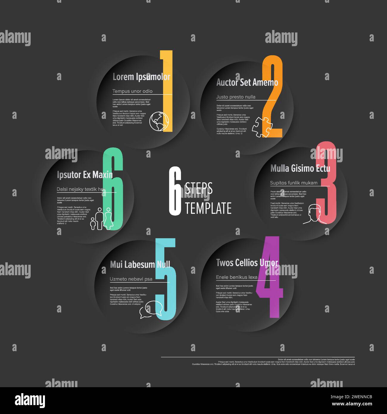 Une infographie présentant un processus en 6 étapes avec des chiffres colorés et des icônes sur des cercles sombres. Le design est élégant et moderne, bien adapté à la presentatio Illustration de Vecteur