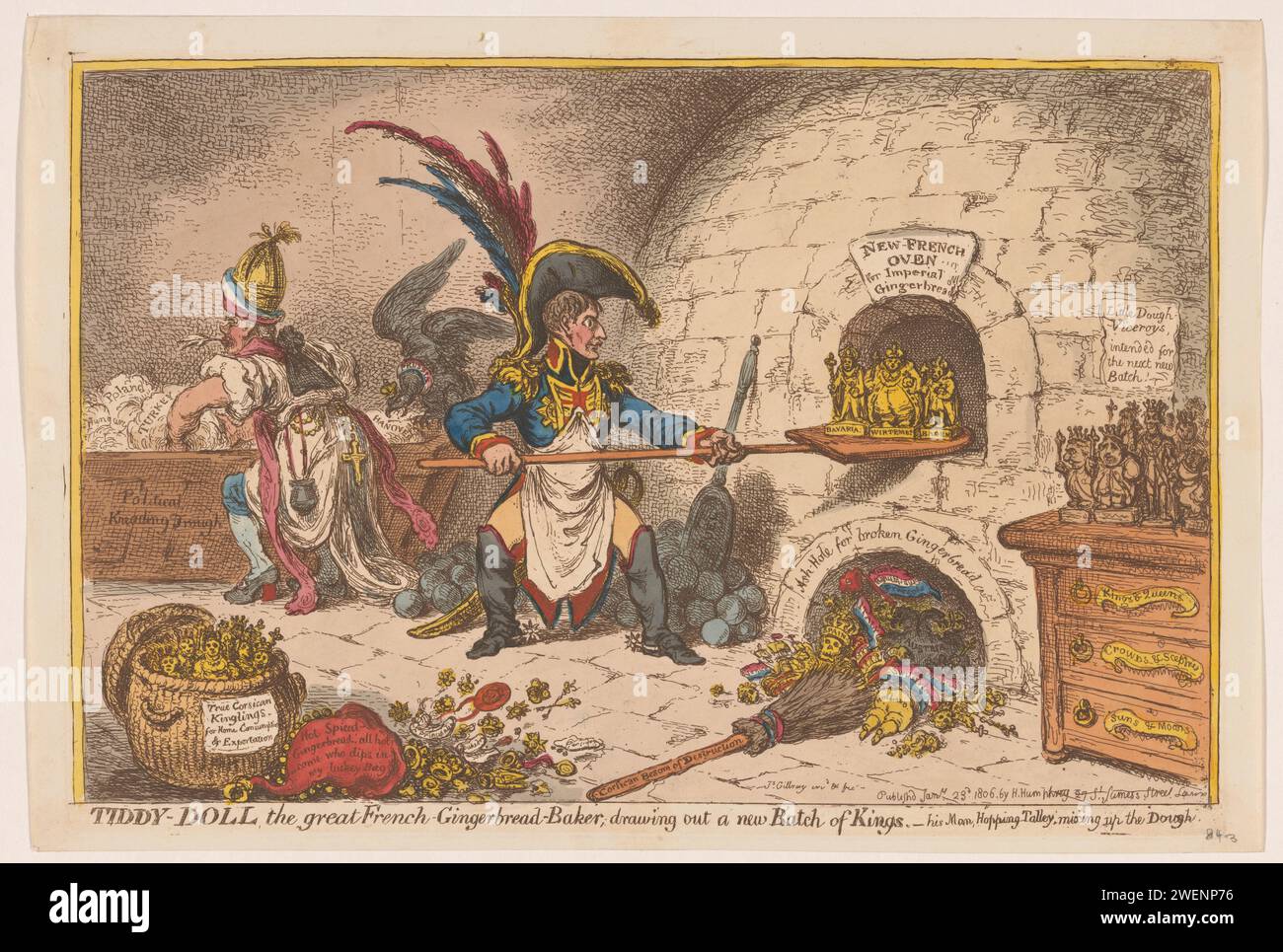 Napoléon cuit une nouvelle portion de Koningen, 1806, James Gillray, 1806 Cartoon avec l'empereur Napoléon comme un boulanger qui prend une nouvelle portion de rois allemands fraîchement cuits du four, 1806. Sur le terrain sont les premiers inadaptés, y compris la Hollande et l'Espagne. Talleyrand pétrit en arrière-plan habillé comme pape la pâte. boulanger pour la gravure du papier. caricatures et satires politiques Banque D'Images