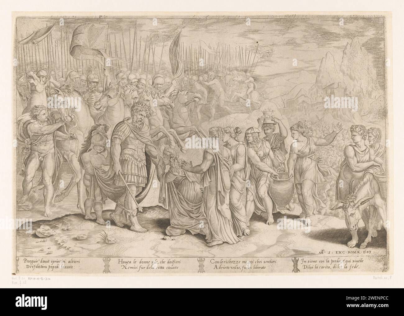 Abigaïl demande pardon à David, Anonyme, après Rafaël, 1543 print Abigaïl s'agenouille pour David et lui demande pardon pour le comportement de son mari Naal, qui a refusé la nourriture de David. Derrière David se trouvent ses compagnons de combat. Derrière abigaïl les serviteurs de cheveux et les serviteurs avec de la nourriture. Texte italien en quatre colonnes dans STUDMARGE. Rencontre gravure sur papier / gravure de David et Abigail, qui s'agenouille devant lui. vue sur la ville et paysage avec constructions artificielles Banque D'Images