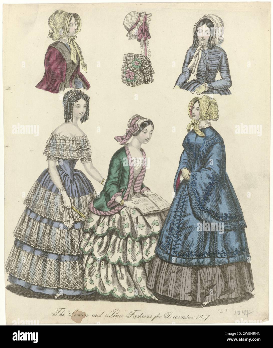 Le monde de la mode, décembre 1847 : les Fashions de Londres et Paris, 1847 modes de Londres et Paris pour décembre 1847. De gauche à droite : Evening Japon avec corps pointu et jupe large. Veste avec trois quarts de manches. Jupe avec motif feuille et bandes avec ourlet festonné. Magazine de mode : « World of Fashion » sur vos genoux. Manteau à manches larges, garni de franges (?). Jupe rayée. Tirage du magazine de mode The World of Fashion (1824-1891). plaques de mode gravées en papier. robe, robe : robe de soirée (+ vêtements pour femmes). casque : chapeau (+ vêtements pour femmes). casque : capuchon (+ w Banque D'Images