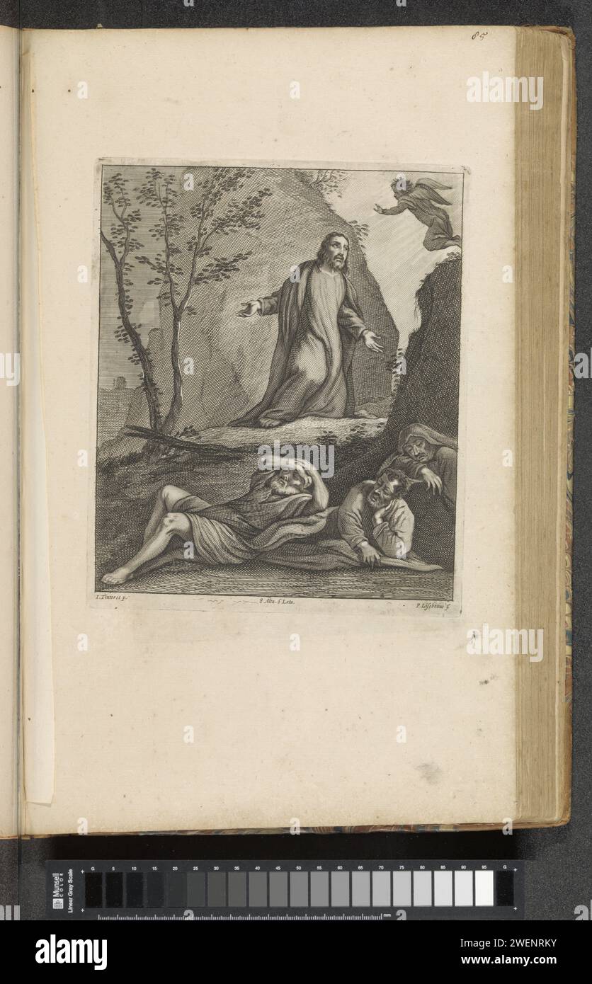Christ dans la Cour de Getsémane, 1660 print un ange apparaît à Christ pour lui donner de la force. Il s'était séparé de ses apôtres Pierre, Jacques et Jean, qui dorment au premier plan. Ce tirage fait partie d'un album. Gravure sur papier / gravure prière du Christ dans le jardin de Gethsémani pendant la nuit Banque D'Images