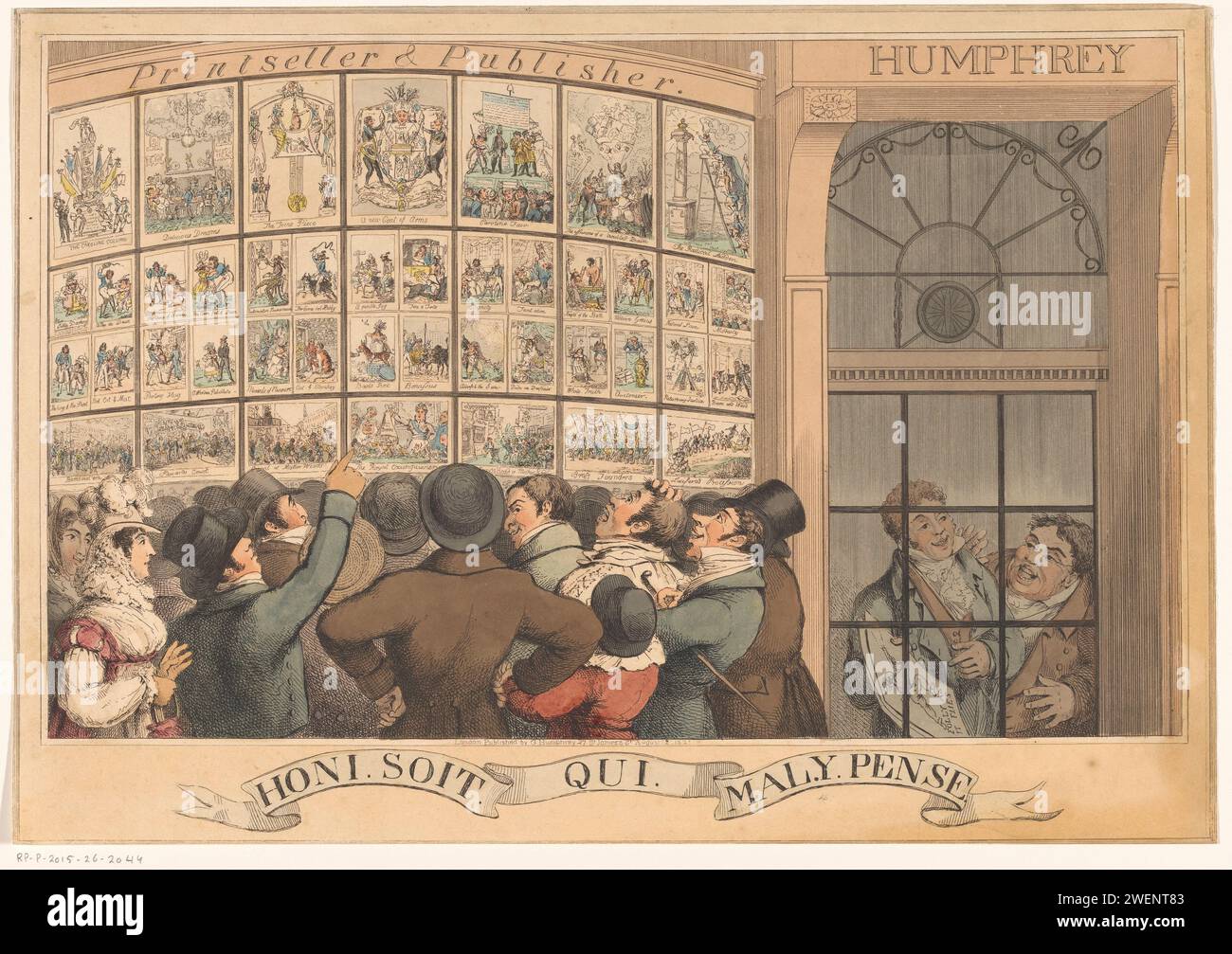 Foule pour la vitrine de George Humphrey à Londres, Theodore Lane, 1821 imprimer Un groupe d'hommes et de femmes représente la vitrine de George Humphrey, négociant en brevets et éditeur à Londres. Les tirages dans la vitrine sont affichés en détail. Ils forment une série de dessins animés dans lesquels Caroline van Brunswijk-Wolfenbüttel est attaquée. Elle avait été mariée à son cousin pendant une courte période en 1796, le futur George IV du Royaume-Uni. Il y a deux hommes dans l'embrasure derrière la porte vitrée fermée. L'un d'eux, peut-être Humphrey lui-même, tient une impression de caricature. papier décapage vent-atelier Banque D'Images