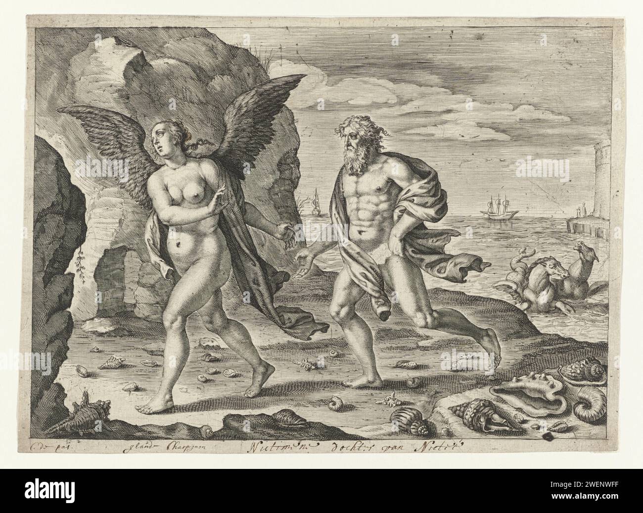 Coronis et Neptunus, Crispijn van de passe (II), c. 1636 - 1670 imprimer gravure sur papier / stylo Coronis changé en corbeau : pour échapper à l'amour de Neptune, Coronis, fille de Coroneus, est changé en corbeau par Minerve (Ovide, Métamorphoses II 569) Banque D'Images