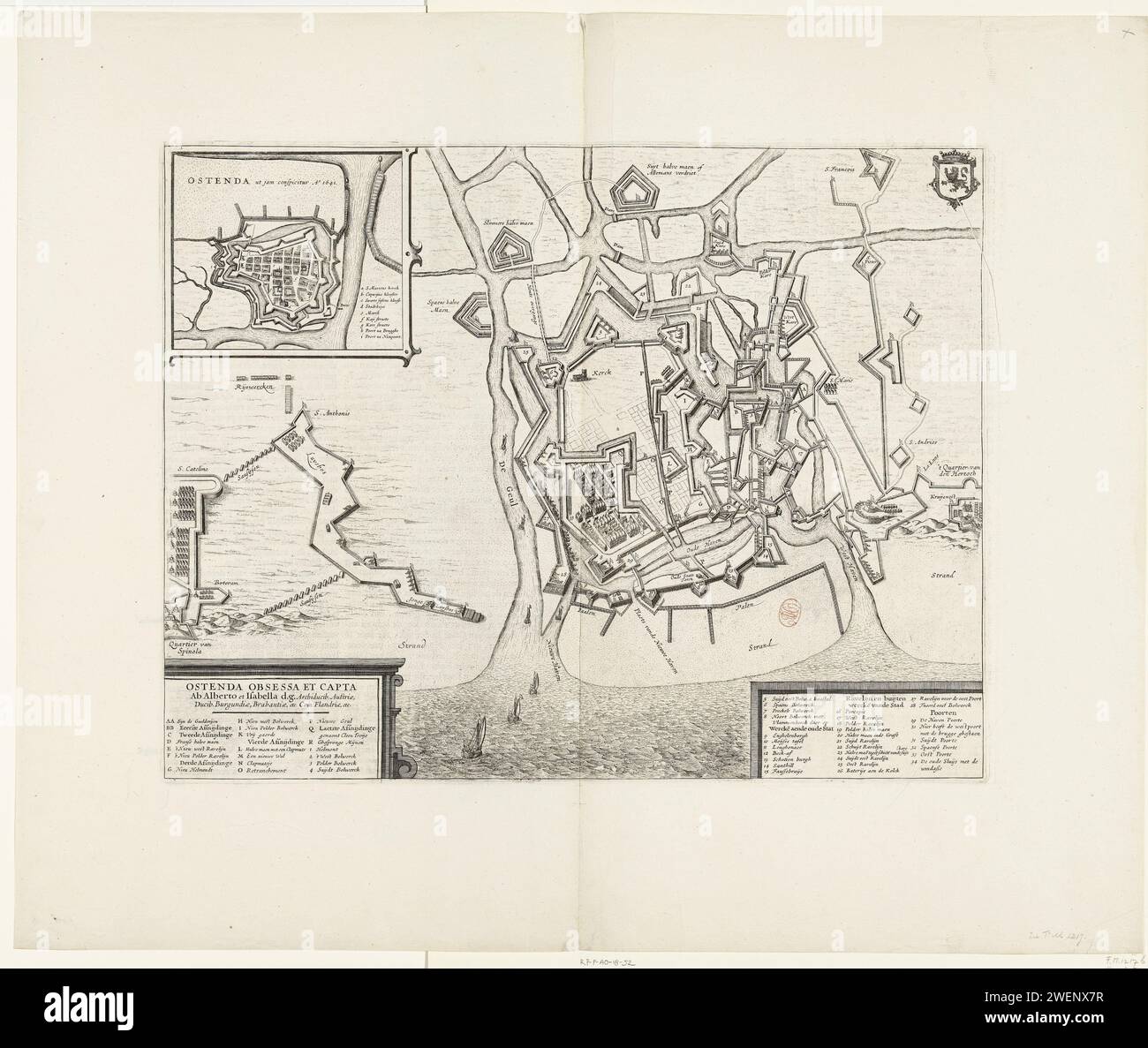 Siège d'Ostende, 1601-1604, 1647 - 1649 imprimer Siège d'Ostende. Carte des lignes de défense et d'attaque autour de la ville et dans les environs, à gauche le quartier de Spinola, à droite le quartier de l'archiduc Albrecht. En bas deux cartouches avec le titre et les légendes A-R et 1-34. En haut à gauche un pari avec une carte de la ville en 1641. Sur une double feuille tirée du livre de la ville de Blaeu, imprimée au dos avec texte en néerlandais. Papier gravure victoire, position était Ostende Banque D'Images