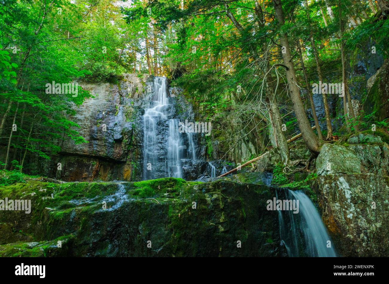 Chute d'eau à la fin du printemps sur la décharge de Rock Pond dans la région sauvage du lac Pharoah dans les montagnes Adirondack de l'État de New York Banque D'Images