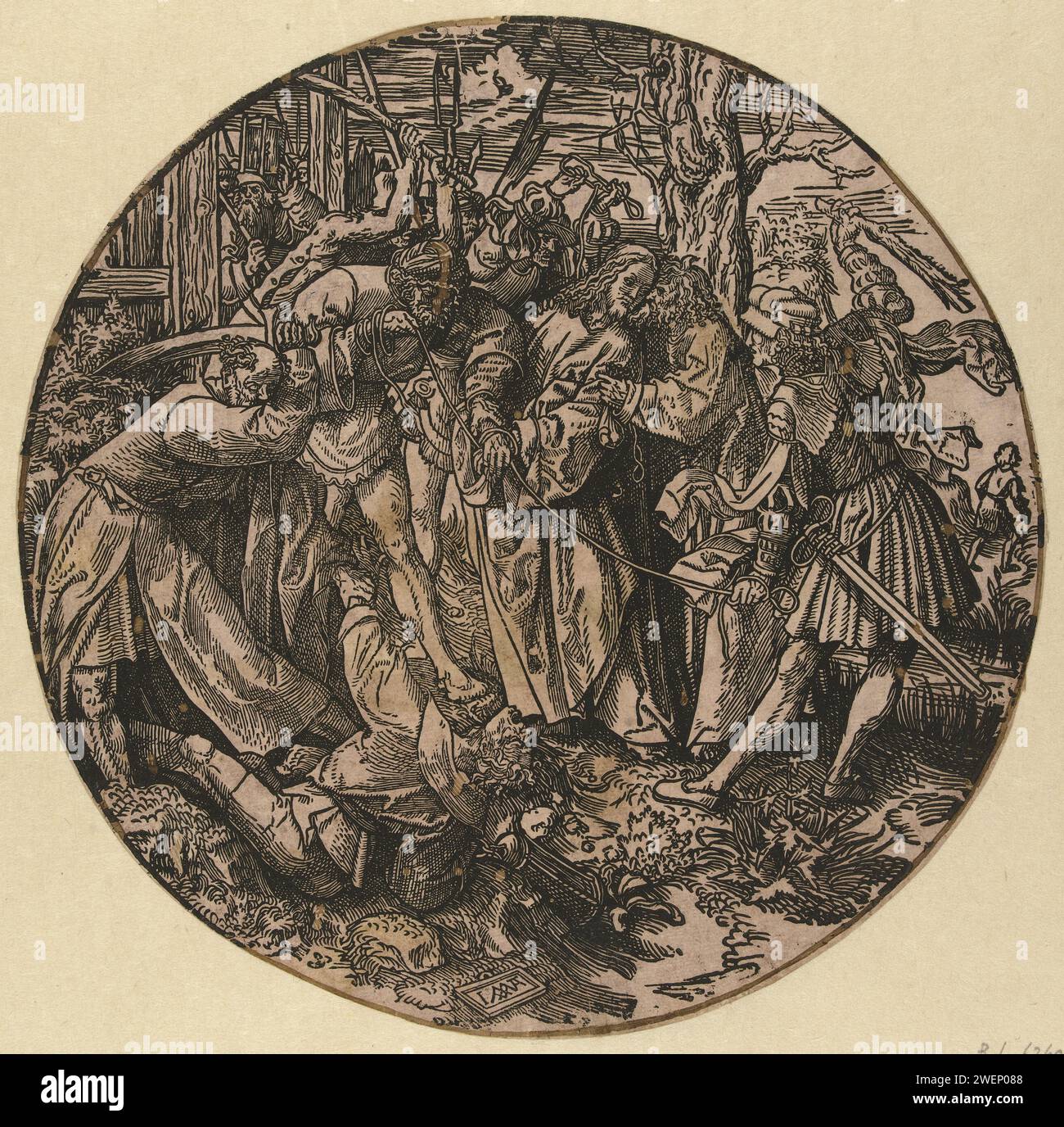 De Judaskus, Jacob Cornelisz van Oostsanen, dans ou après 1517 - 1533 estampe d'une série de douze estampes. Cadre découpé. Judas embrasse Christ fasciné par les soldats. Pierre avec l'épée levée attaque Malchus. Stylo papier le baiser de Judas : accompagné de soldats avec des torches et des lanternes, il embrasse Christ. Pierre tire son épée et coupe l'oreille de Malchus Banque D'Images