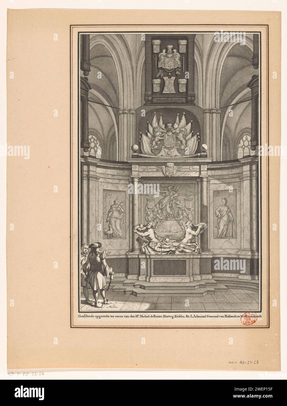 Praalgraf de Michiel de Ruyter dans le Nieuwe Kerk à Amsterdam, Joseph Mulder, 1687 - 1726 print Michiel Adriaansz's Boils. De Ruyter dans le chœur de la Nieuwe Kerk à Amsterdam. Le lieutenant-amiral général de Hollande et de Frise-Ouest a été enterré le 18 mars 1677. Deux visiteurs sur la gauche. gravure sur papier / gravure tombe-bâtiment, tombe monumentale. intérieur de l'église nouvelle église Banque D'Images