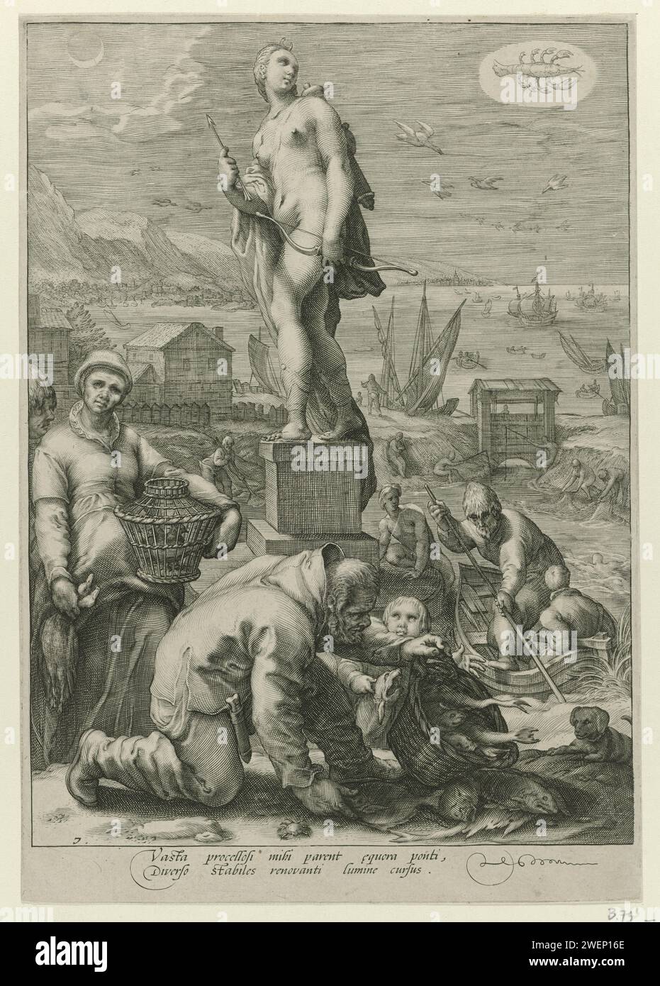 Diana, Jan Saenredam, après Hendrick Goltzius, 1596 impression au milieu des chasseurs et des pêcheurs, Diana est avec un arc et une arche comme une règle sur la navigation et la pêche sur un piédestal. Dans la vue de fond de la côte avec différents navires. Dans les airs le symbole de la constellation du homard. Gravure sur papier (histoire de) Diana (Artemis). pêcheur. hunter. côte Banque D'Images