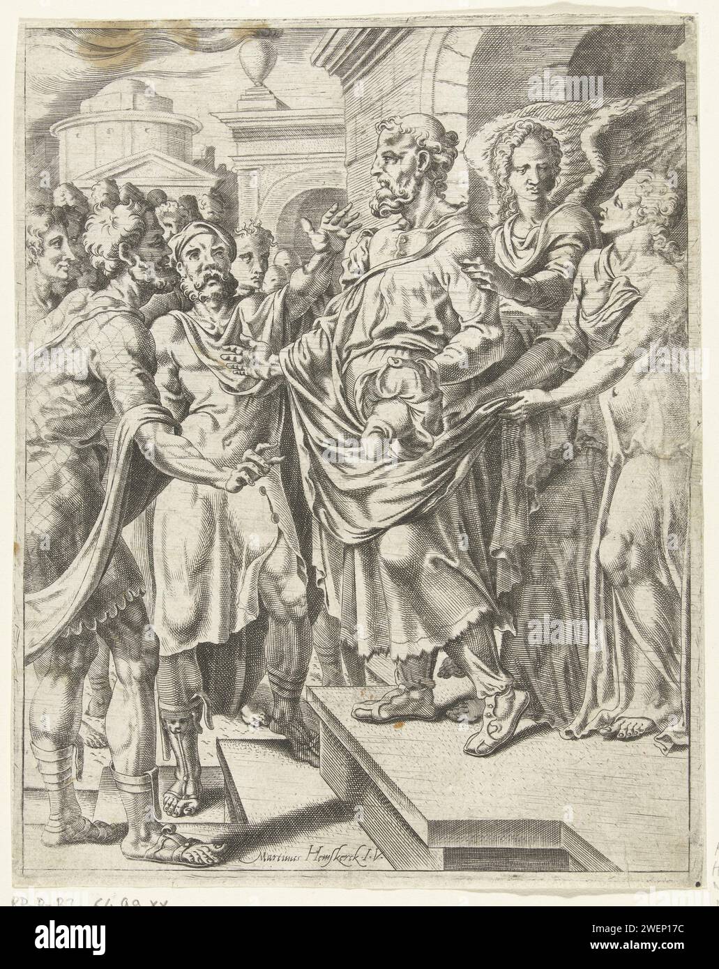 Deux anges entrent dans la maison, Cornelis Bos, après Maarten van Heemskerck, vers 1551 imprimer les hommes de Sodome veulent que Lot extrait les deux étrangers, mais Lot se lève pour eux. Les deux anges entrent dans la maison et le protègent devant la foule furieuse. Papier gravé les deux anges interviennent et frappent la foule qui entoure la maison de Lot avec aveuglement Banque D'Images