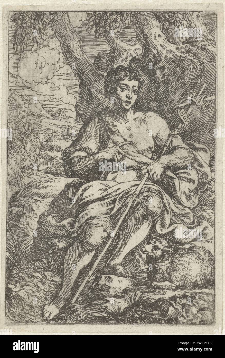 Johannes de Boper, 1634 - 1698 imprimer Jean le Baptiste assis dans un paysage, son bâton reposant sur son bras, à ses pieds il y a un agneau. Gravure de papier Jean le Baptiste ; attributs possibles : livre, croix de roseau, coupe baptismale, nid d'abeille, agneau, personnel Banque D'Images