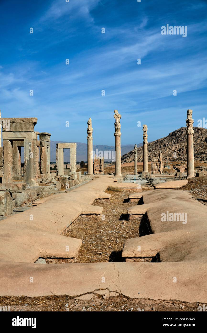 Ruines de Persépolis, capitale cérémonielle de l'Empire achéménide (550–330 av. J.-C.). Province de Fars, Iran. Banque D'Images