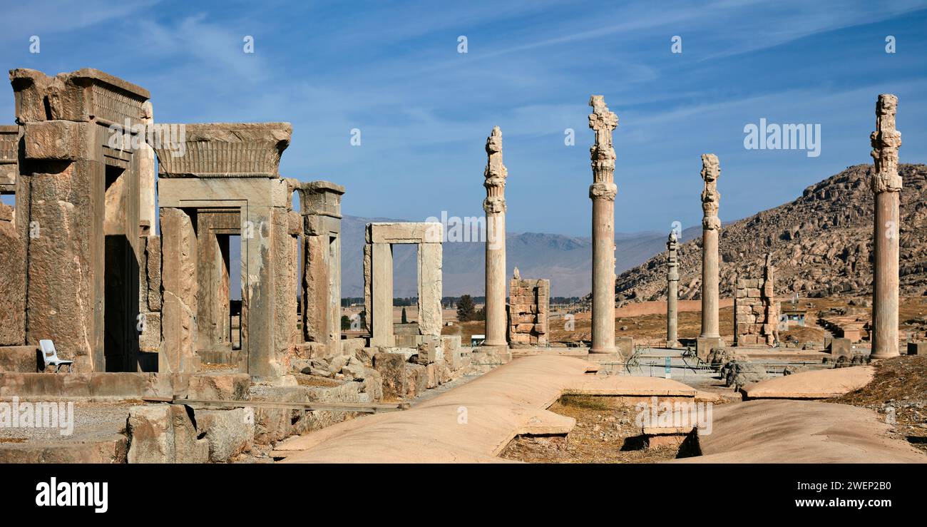 Ruines de Persépolis, capitale cérémonielle de l'Empire achéménide (550–330 av. J.-C.). Province de Fars, Iran. Banque D'Images