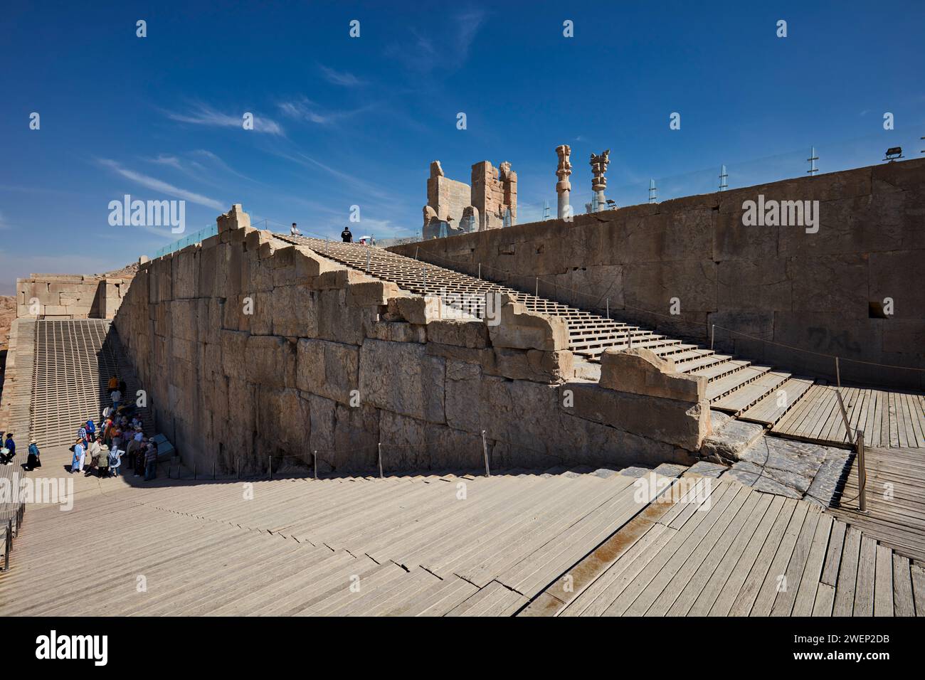Le Grand escalier à Persépolis, une ancienne capitale des rois perses de la dynastie achéménienne. Province de Fars, Iran. Banque D'Images