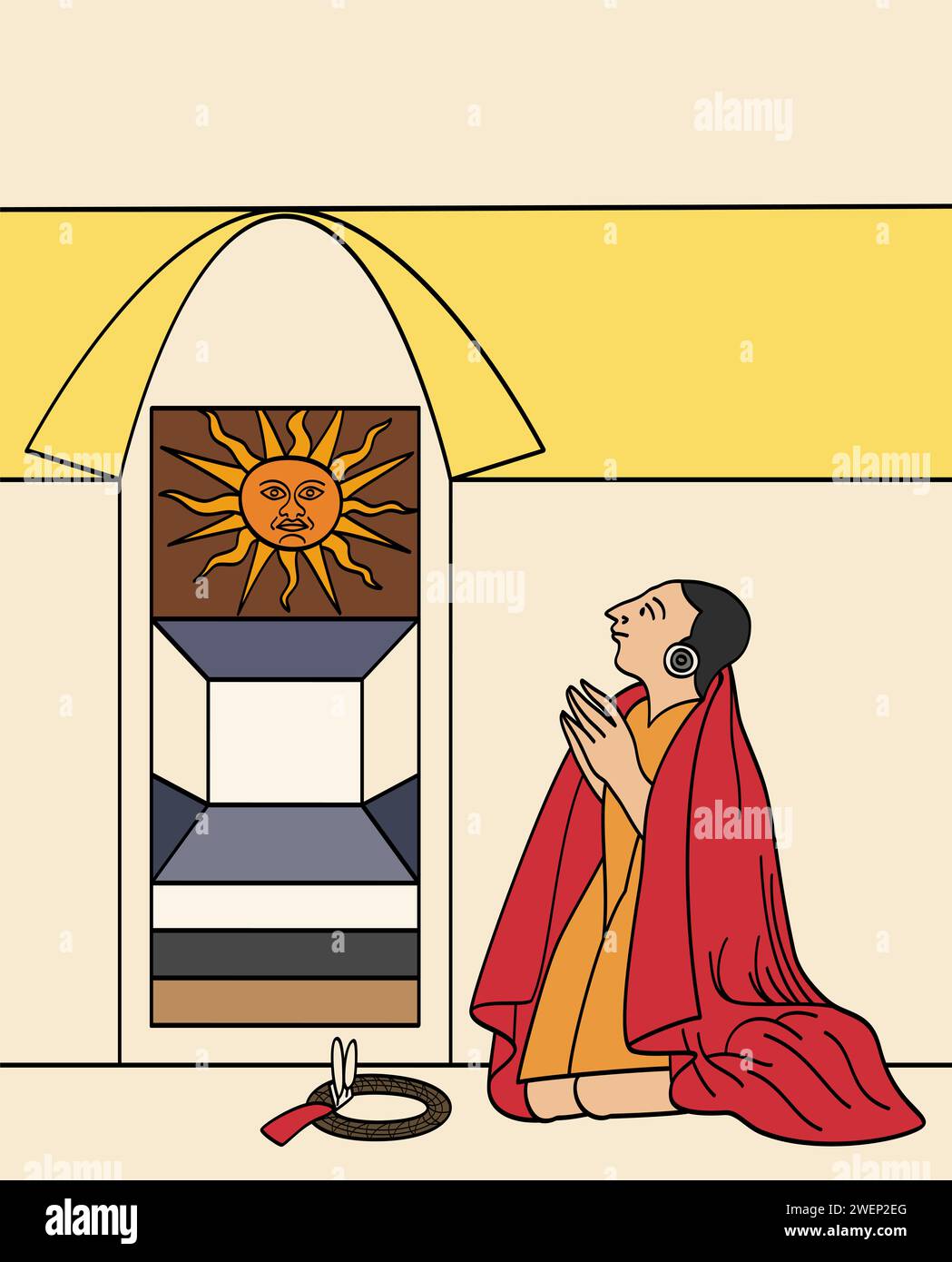 Empereur Inca Pachacutec adorant Inti, dieu Soleil, dans le Temple d'Or à Coricancha. Pachacuti Inca Yupanqui, 9e Sapa Inca du Royaume de Cusco. Banque D'Images