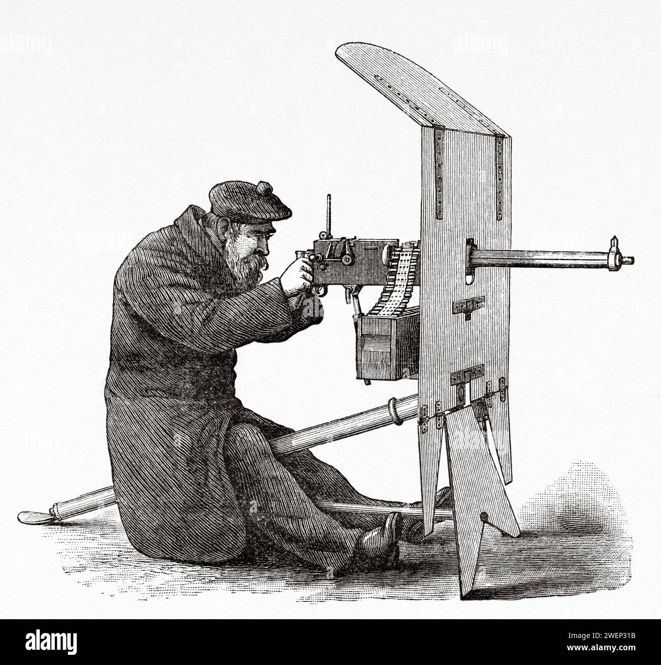 Mitrailleuse automatique Maxim. Afrique. Expédition de secours Emin Pacha 1886-1889 par Henry Morton Stanley (1841 - 1904) gravure ancienne du 19e siècle du Tour du monde 1890 Banque D'Images
