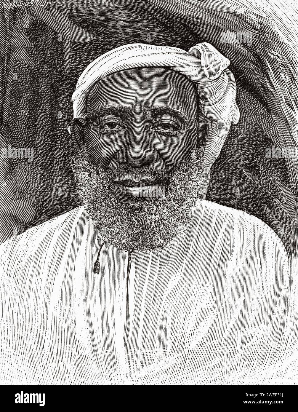 Portrait de Tippu Tib ou Tip. Hamed bin Mohammed el Marjebi Swahili (1837 - 1905) marchand d'esclaves de Zanzibar, propriétaire de plantation, gouverneur du district de Stanley Falls et fournisseur des transporteurs de l'expédition de secours Emin Pasha de Sir Henry Morton Stanley. Afrique. Expédition de secours Emin Pacha 1886-1889 par Henry Morton Stanley (1841 - 1904) gravure ancienne du 19e siècle du Tour du monde 1890 Banque D'Images