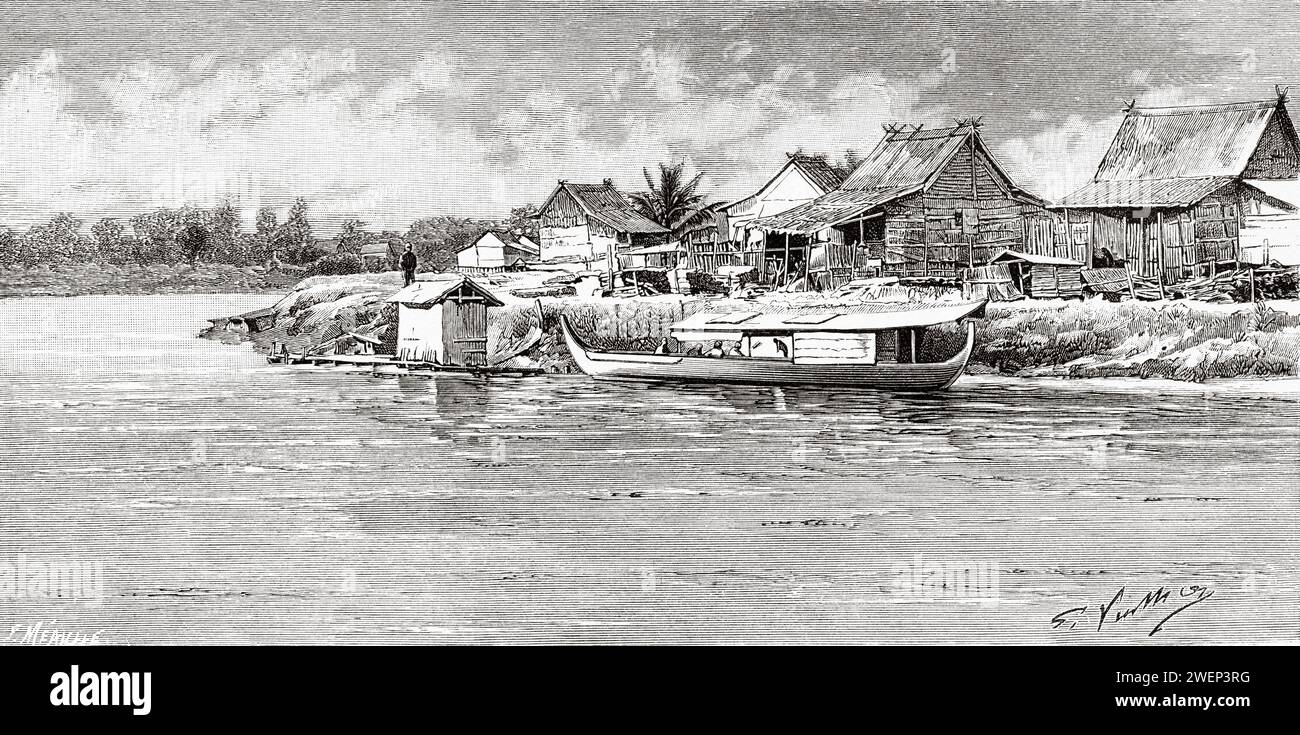 Village d'Amuntai, Kalimantan. Île de Bornéo, Indonésie. De Koutei à Banjarmasin, un voyage à travers Bornéo par Carl Bock (1849 - 1932) Banque D'Images