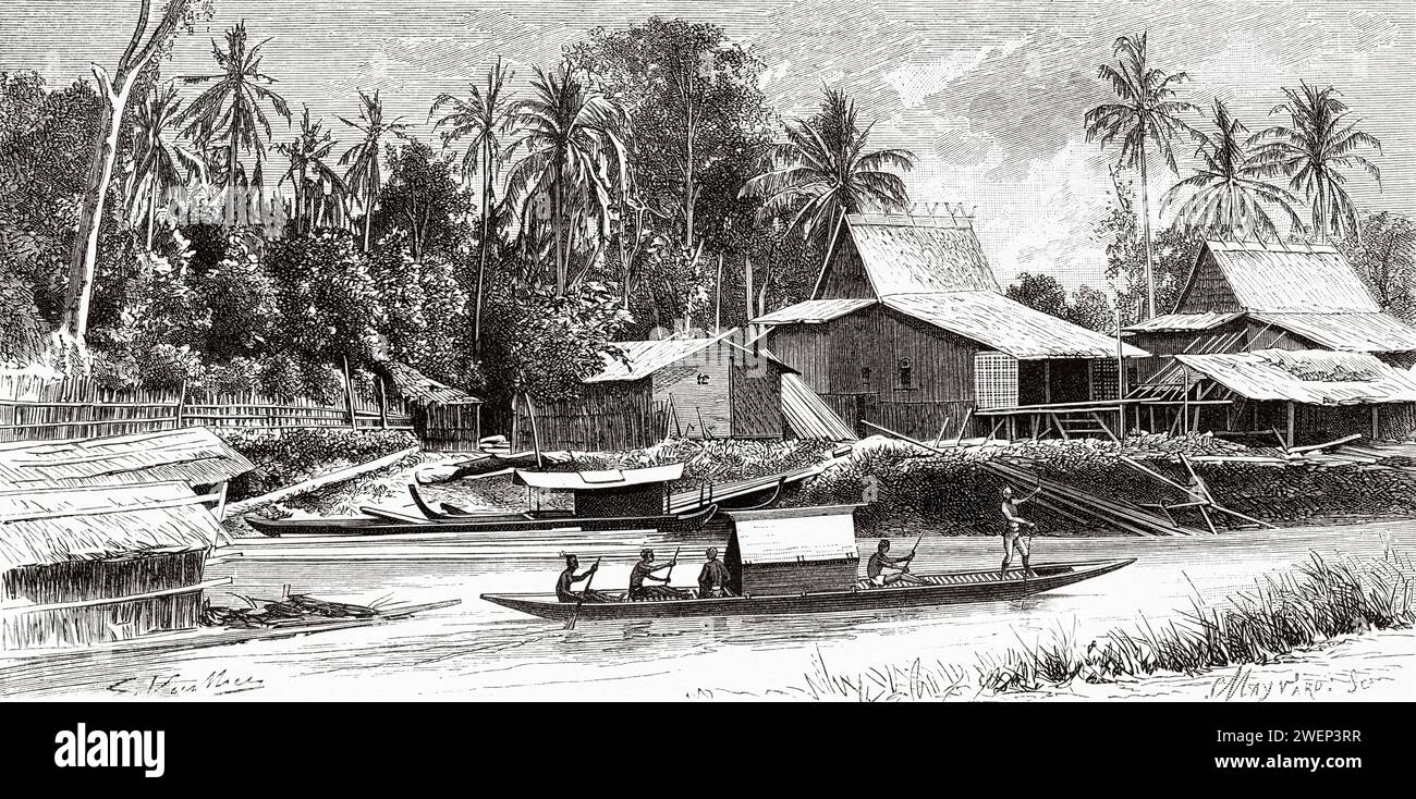 Village de Nagara, Kalimantan. Île de Bornéo, Indonésie. De Koutei à Banjarmasin, un voyage à travers Bornéo par Carl Bock (1849 - 1932) Banque D'Images