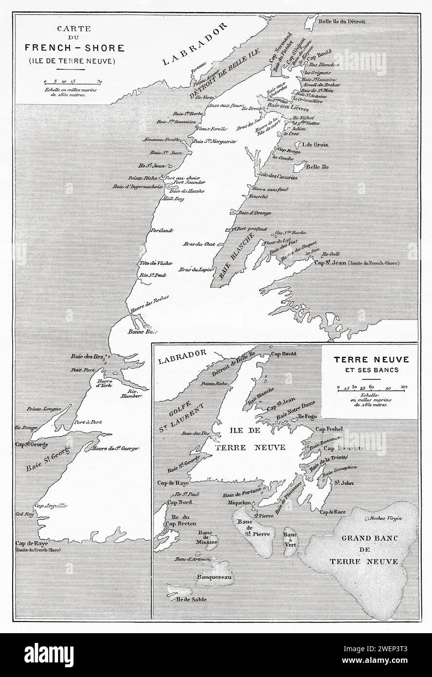 Ancienne carte de l'île côtière française de Terre-Neuve-et-Labrador, Canada. Côte française de l'île de Terre-Neuve 1886 par le lieutenant Louis Koenig (1847-1920) Banque D'Images