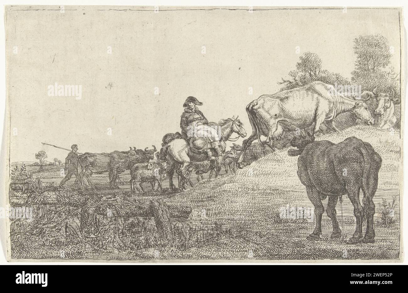 Le troupeau prometteur, Gerrit Bleker, 1622 - 1656 imprimer Un troupeau de vaches et quelques moutons remontent une montagne. Une bergère est assise sur un cheval, derrière le troupeau un berger court avec un bâton. gravure de papier sur le sentier  bétail Banque D'Images