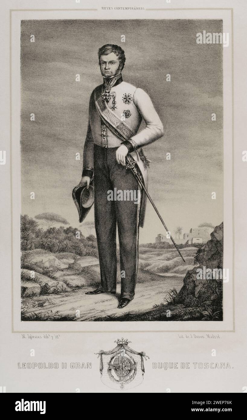 Léopold II (1797-1870). Grand-duc de Toscane (1824-1859). Portrait. Dessin de M. Iglesias. Lithographie de J. Donón. Reyes Contemporáneos (rois contemporains). Volume II Publié à Madrid, 1852. Banque D'Images